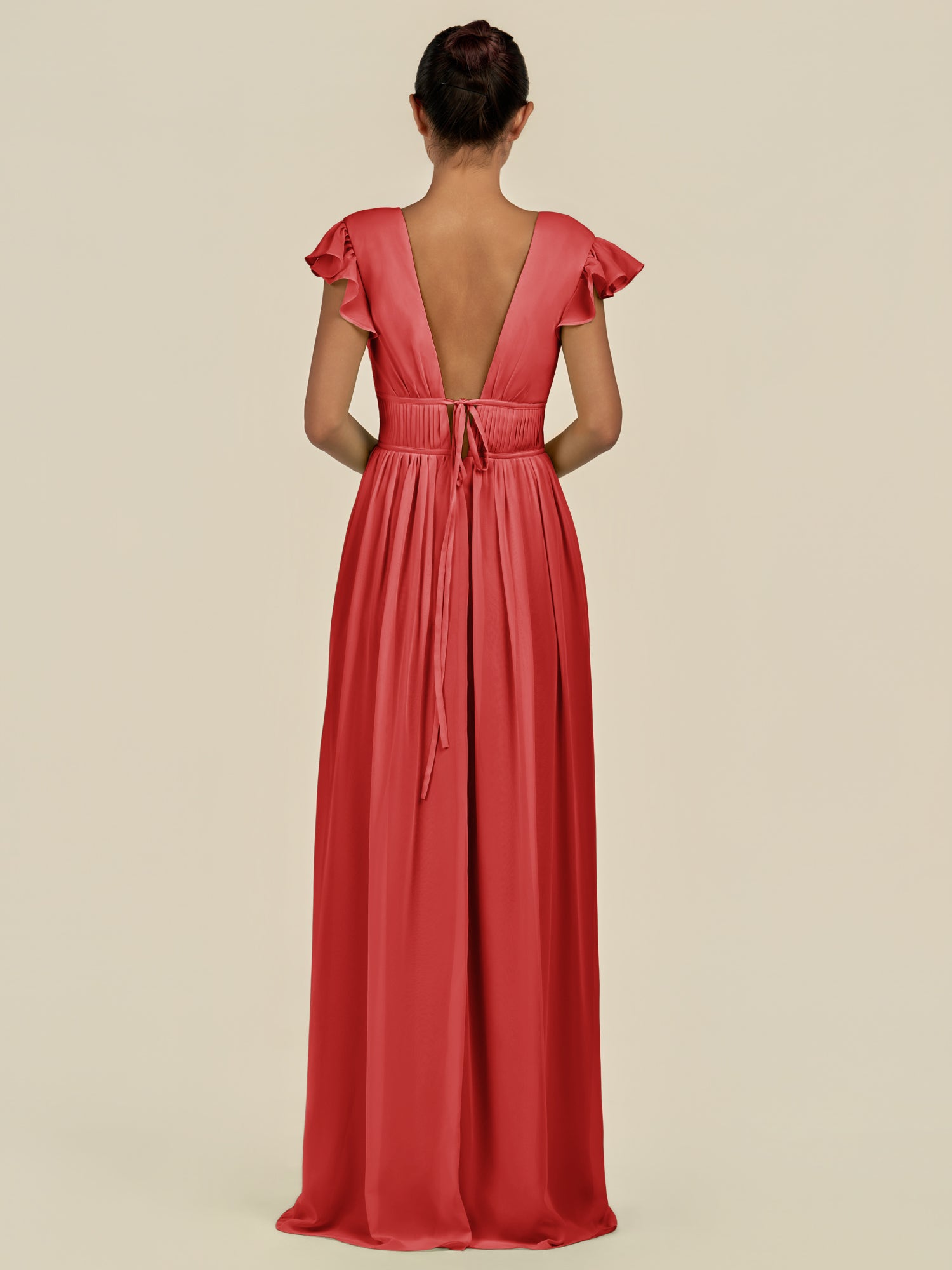 KissDress-Fienna Ruby Red A Line Chiffon Deep V Neck Long Bridesmaid Dress with Flutter Sleeves