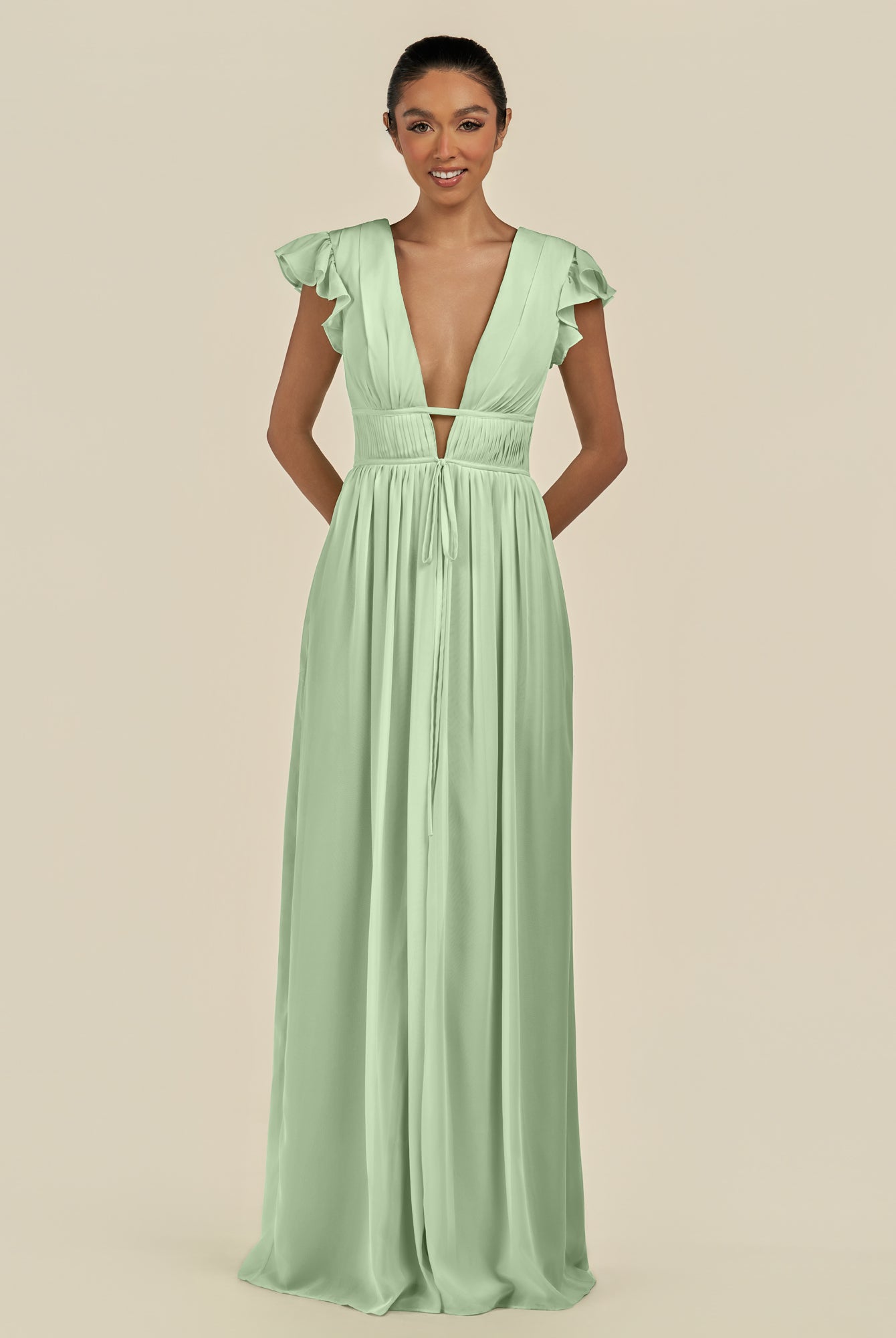 KissDress-Fienna Sage A Line Chiffon Deep V Neck Long Bridesmaid Dress with Flutter Sleeves