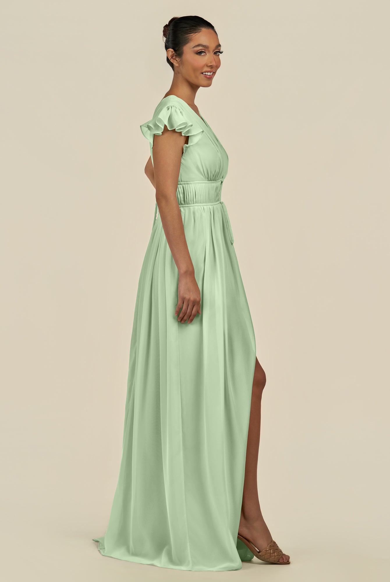 KissDress-Fienna Sage A Line Chiffon Deep V Neck Long Bridesmaid Dress with Flutter Sleeves