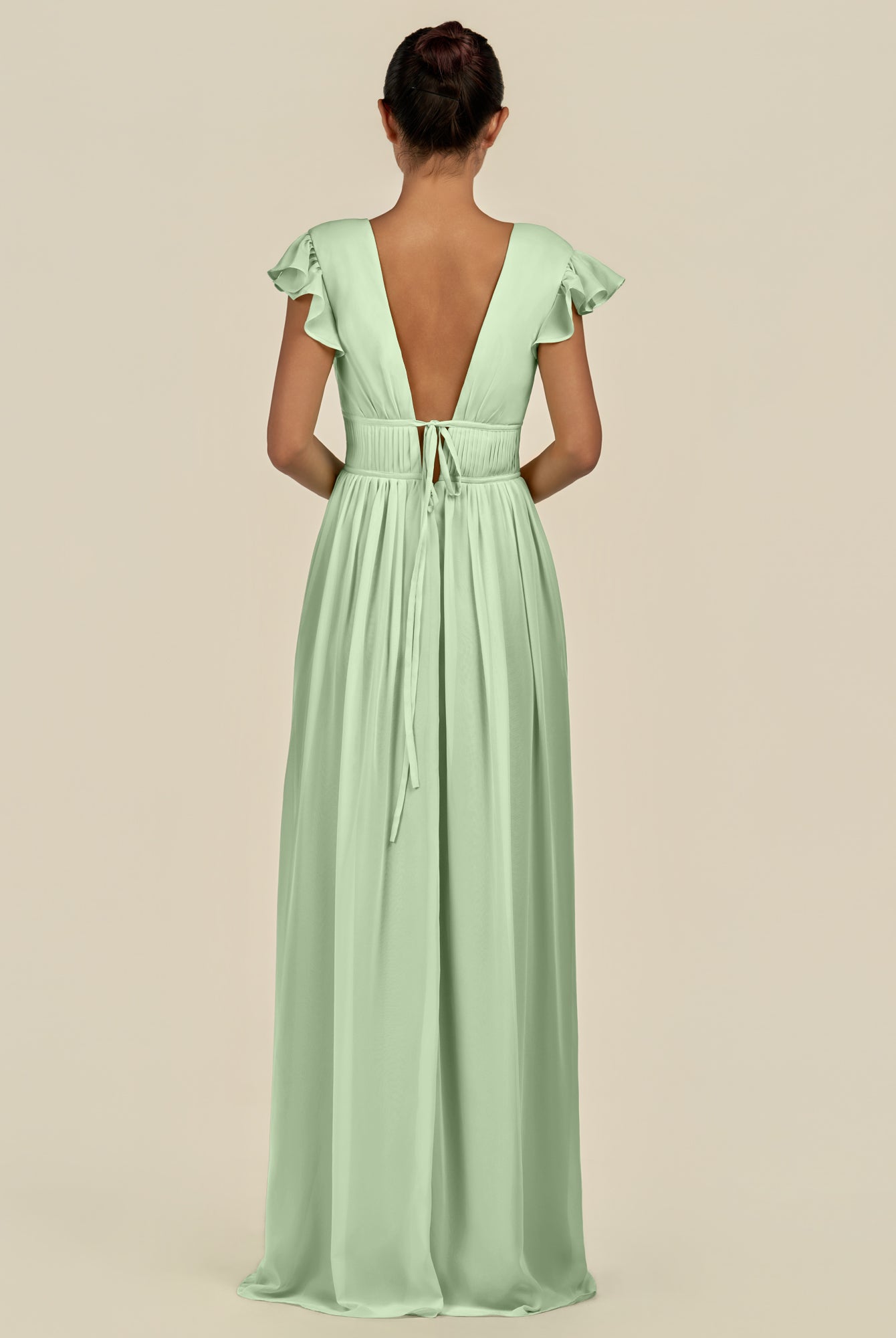 KissDress-Fienna Sage A Line Chiffon Deep V Neck Long Bridesmaid Dress with Flutter Sleeves