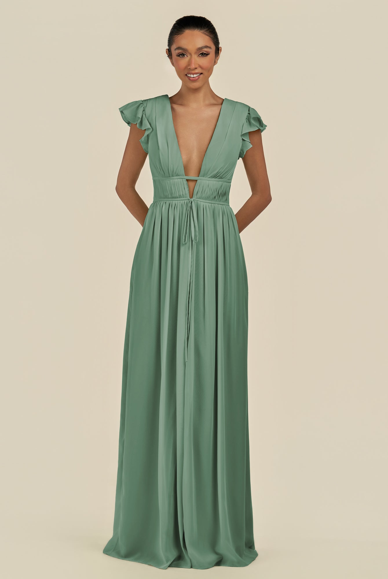 KissDress-Fienna Sea Glass A Line Chiffon Deep V Neck Long Bridesmaid Dress with Flutter Sleeves