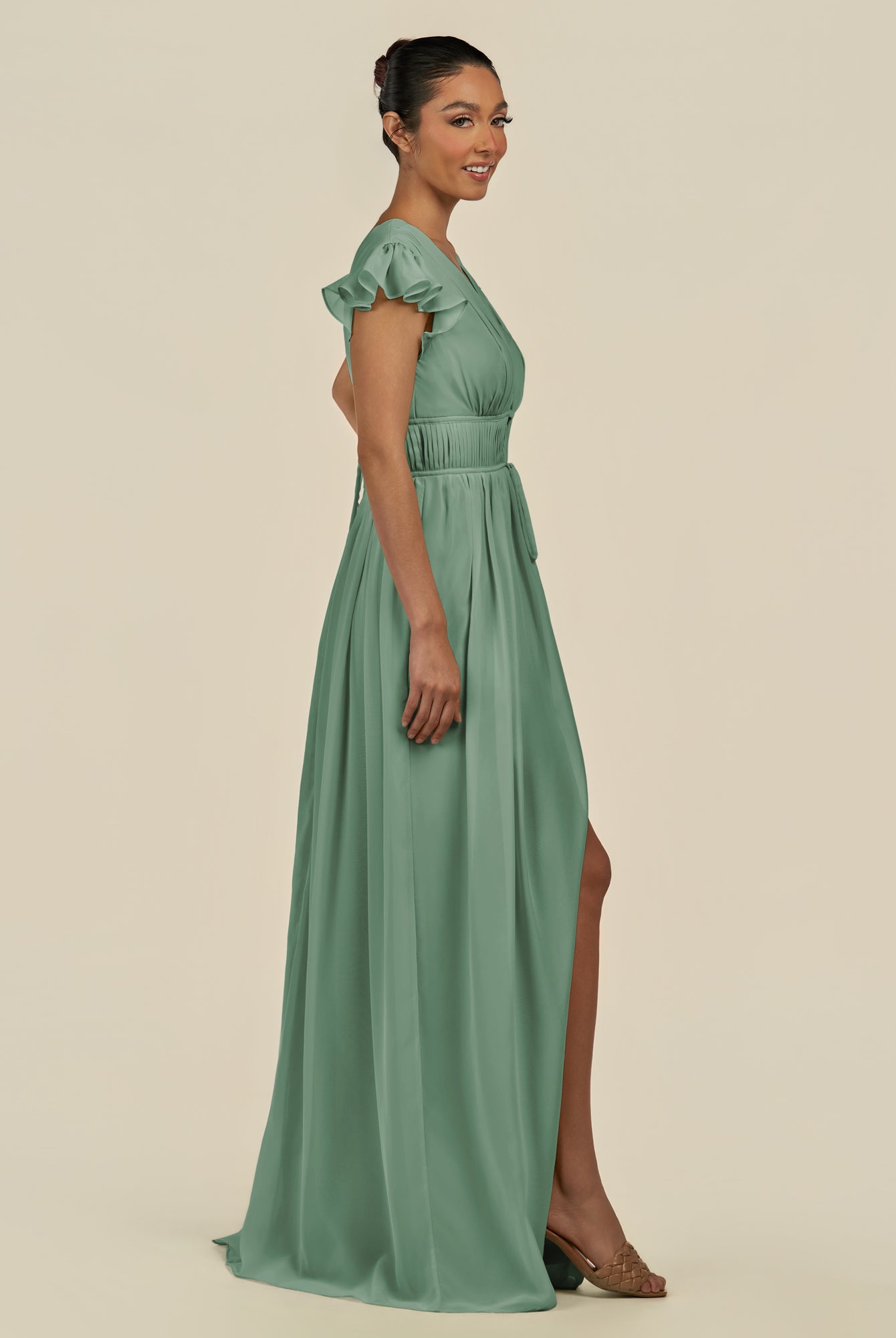 KissDress-Fienna Sea Glass A Line Chiffon Deep V Neck Long Bridesmaid Dress with Flutter Sleeves
