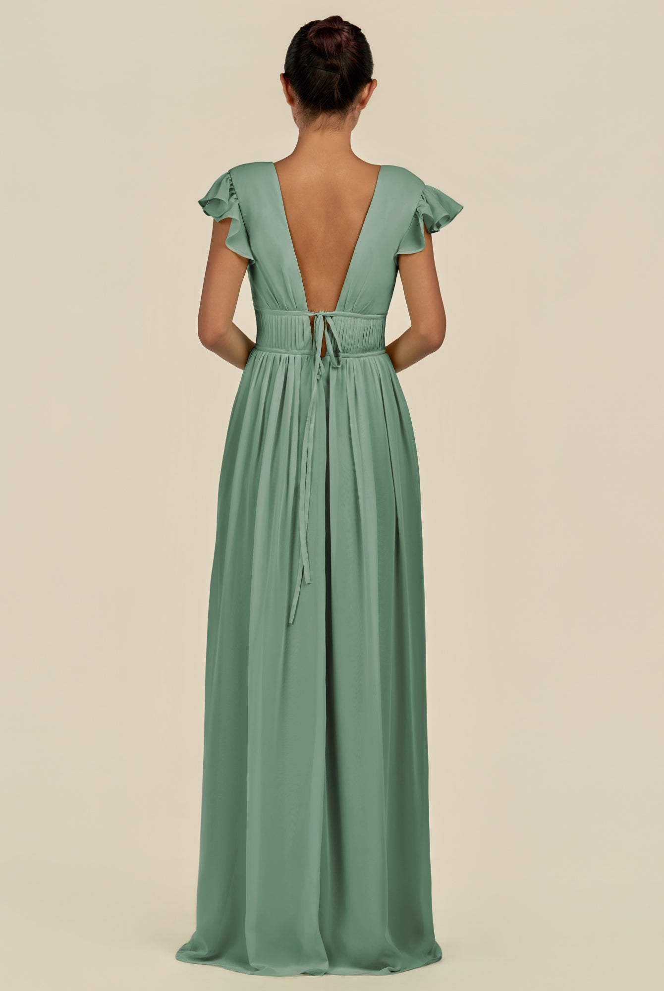 KissDress-Fienna Sea Glass A Line Chiffon Deep V Neck Long Bridesmaid Dress with Flutter Sleeves