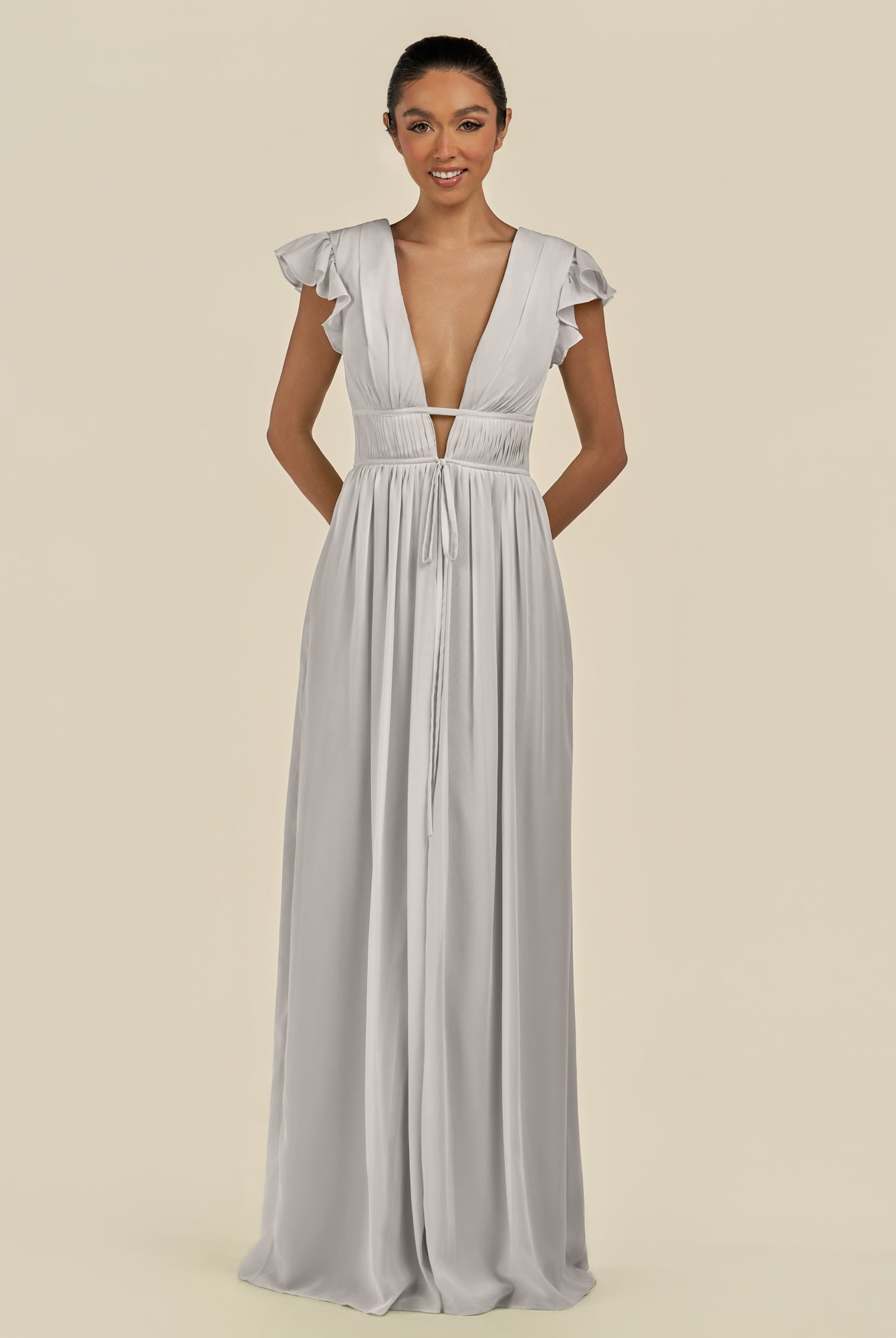 KissDress-Fienna Silver A Line Chiffon Deep V Neck Long Bridesmaid Dress with Flutter Sleeves
