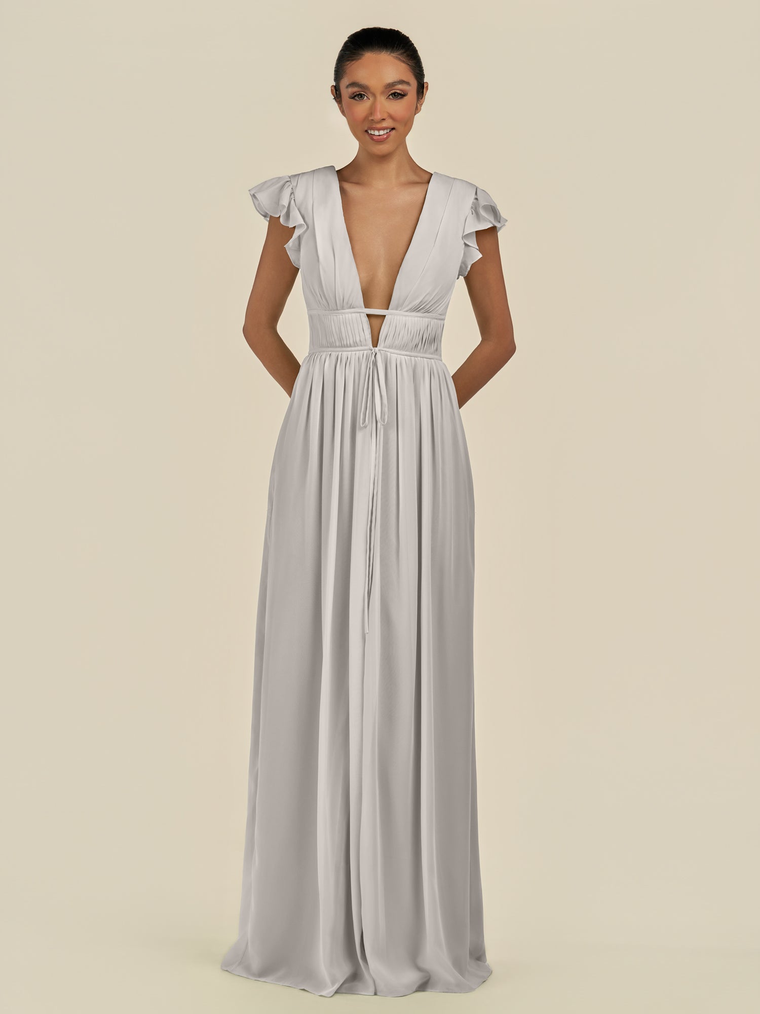 KissDress-Fienna Silver A Line Chiffon Deep V Neck Long Bridesmaid Dress with Flutter Sleeves