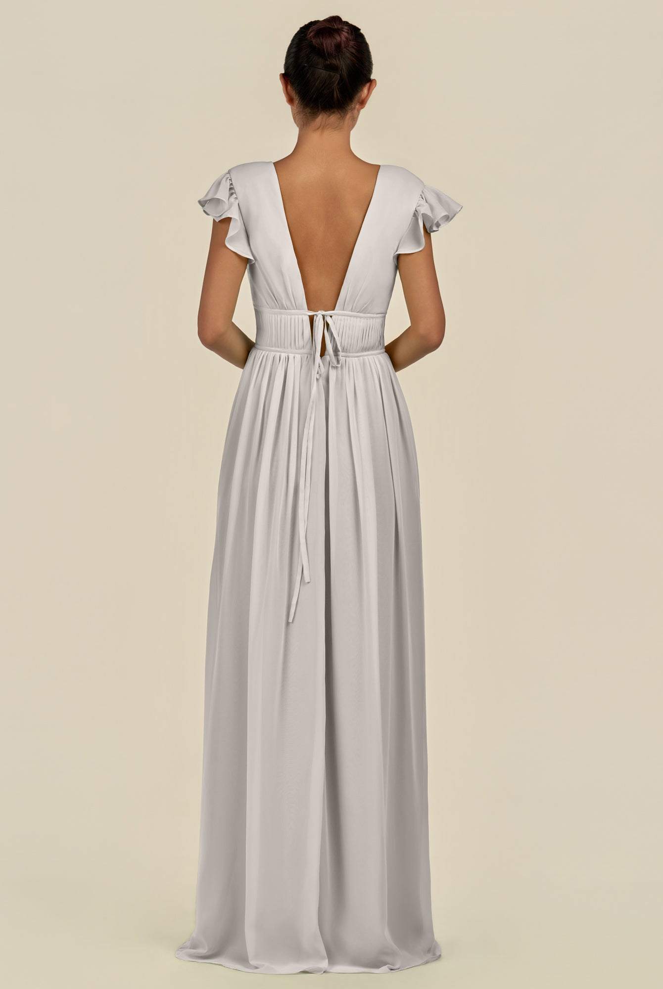 KissDress-Fienna Silver A Line Chiffon Deep V Neck Long Bridesmaid Dress with Flutter Sleeves