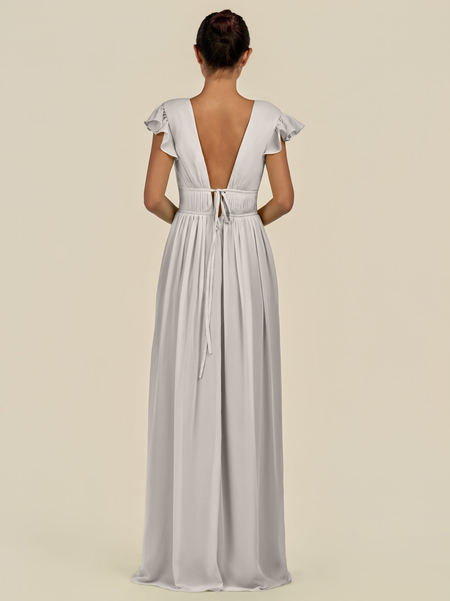 KissDress-Fienna Silver A Line Chiffon Deep V Neck Long Bridesmaid Dress with Flutter Sleeves