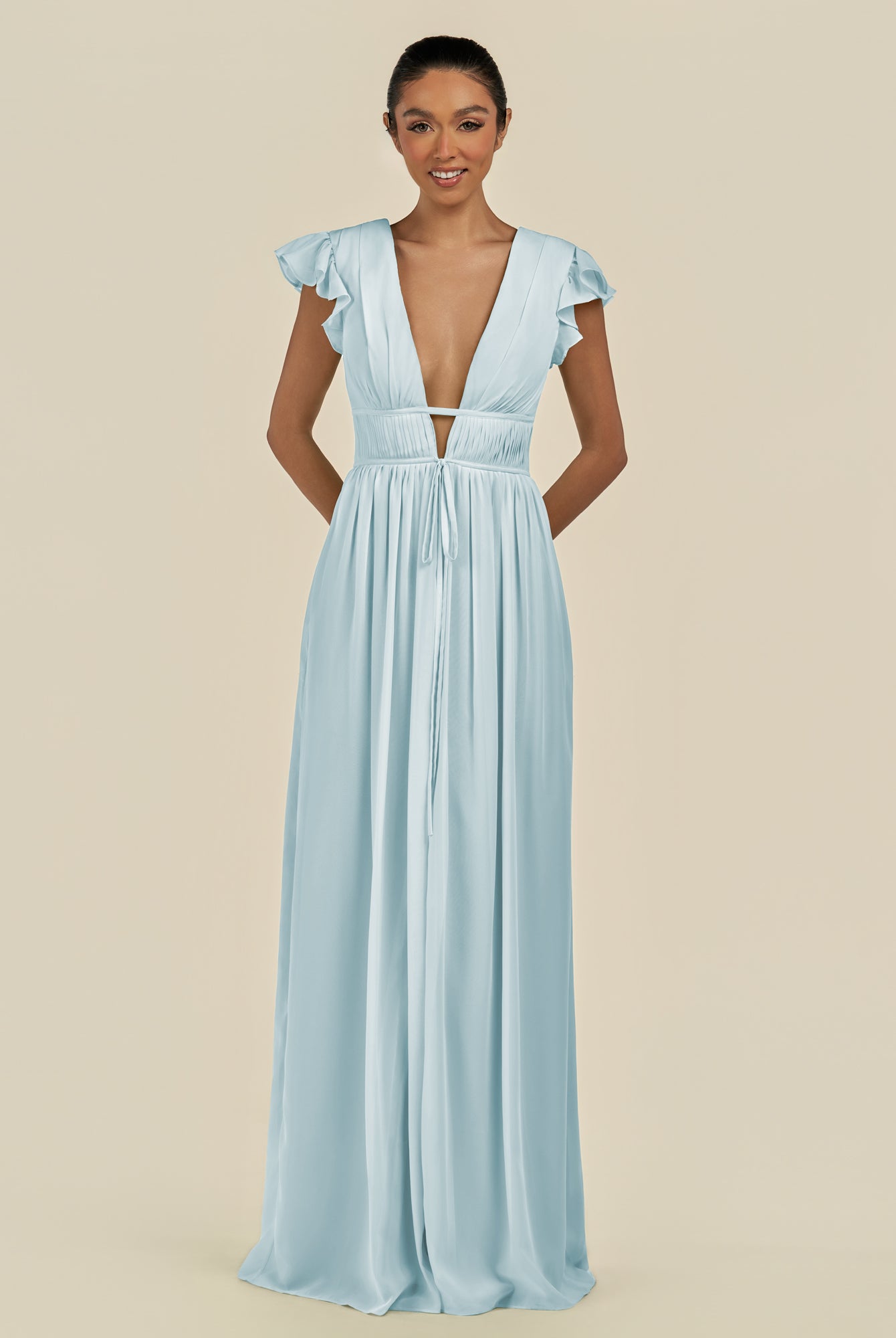 KissDress-Fienna Sky Blue A Line Chiffon Deep V Neck Long Bridesmaid Dress with Flutter Sleeves