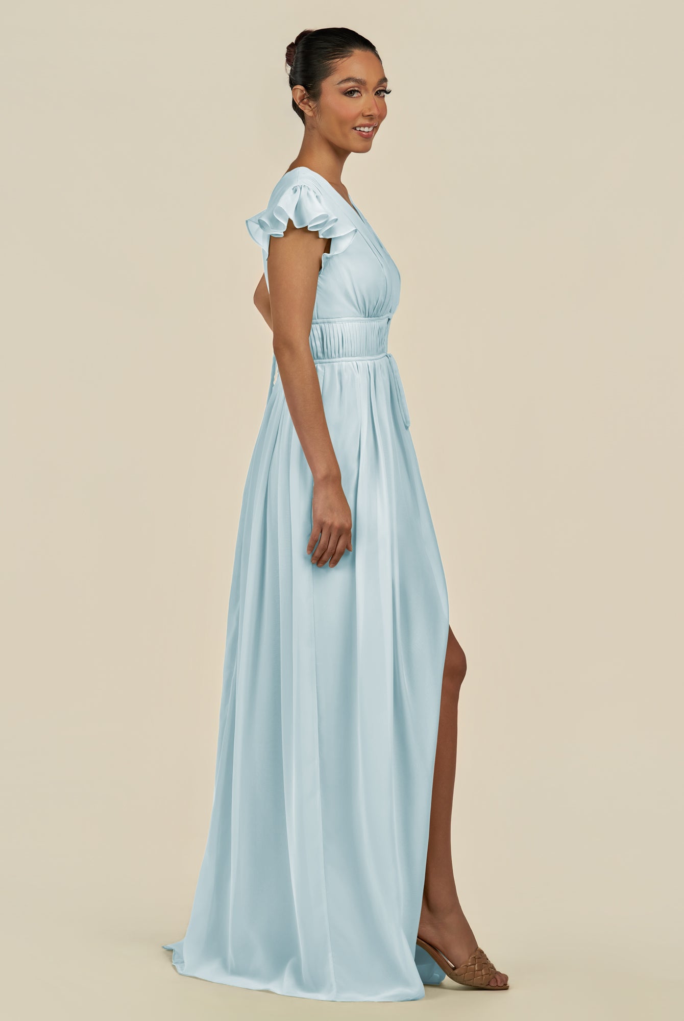 KissDress-Fienna Sky Blue A Line Chiffon Deep V Neck Long Bridesmaid Dress with Flutter Sleeves