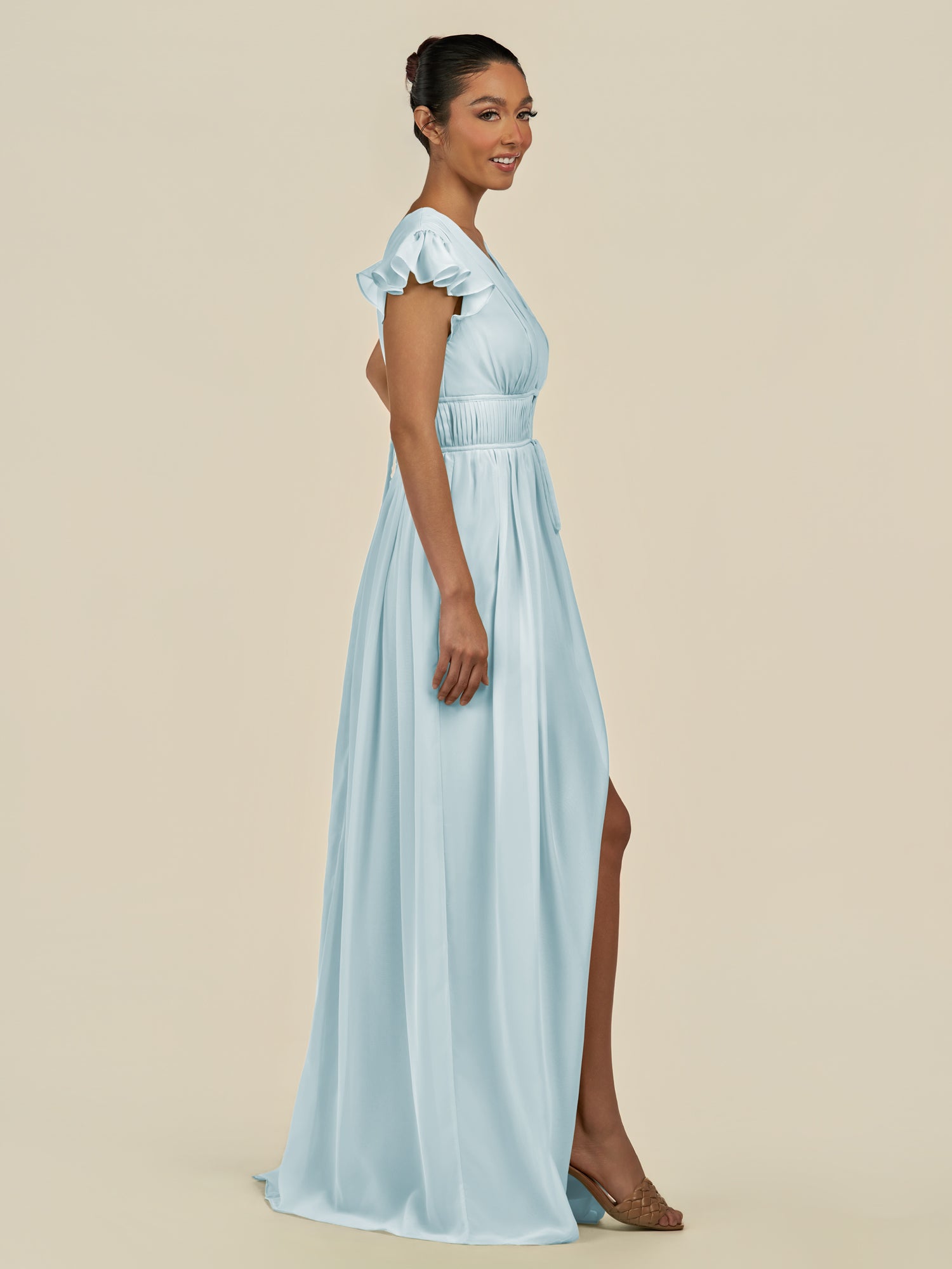 KissDress-Fienna Sky Blue A Line Chiffon Deep V Neck Long Bridesmaid Dress with Flutter Sleeves