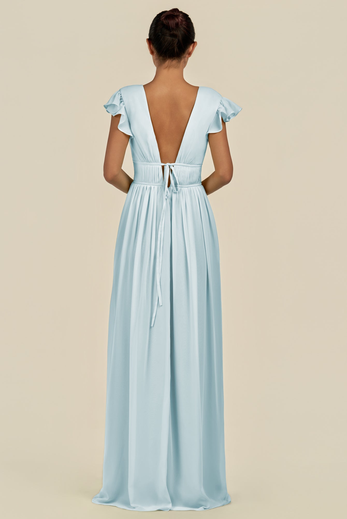 KissDress-Fienna Sky Blue A Line Chiffon Deep V Neck Long Bridesmaid Dress with Flutter Sleeves