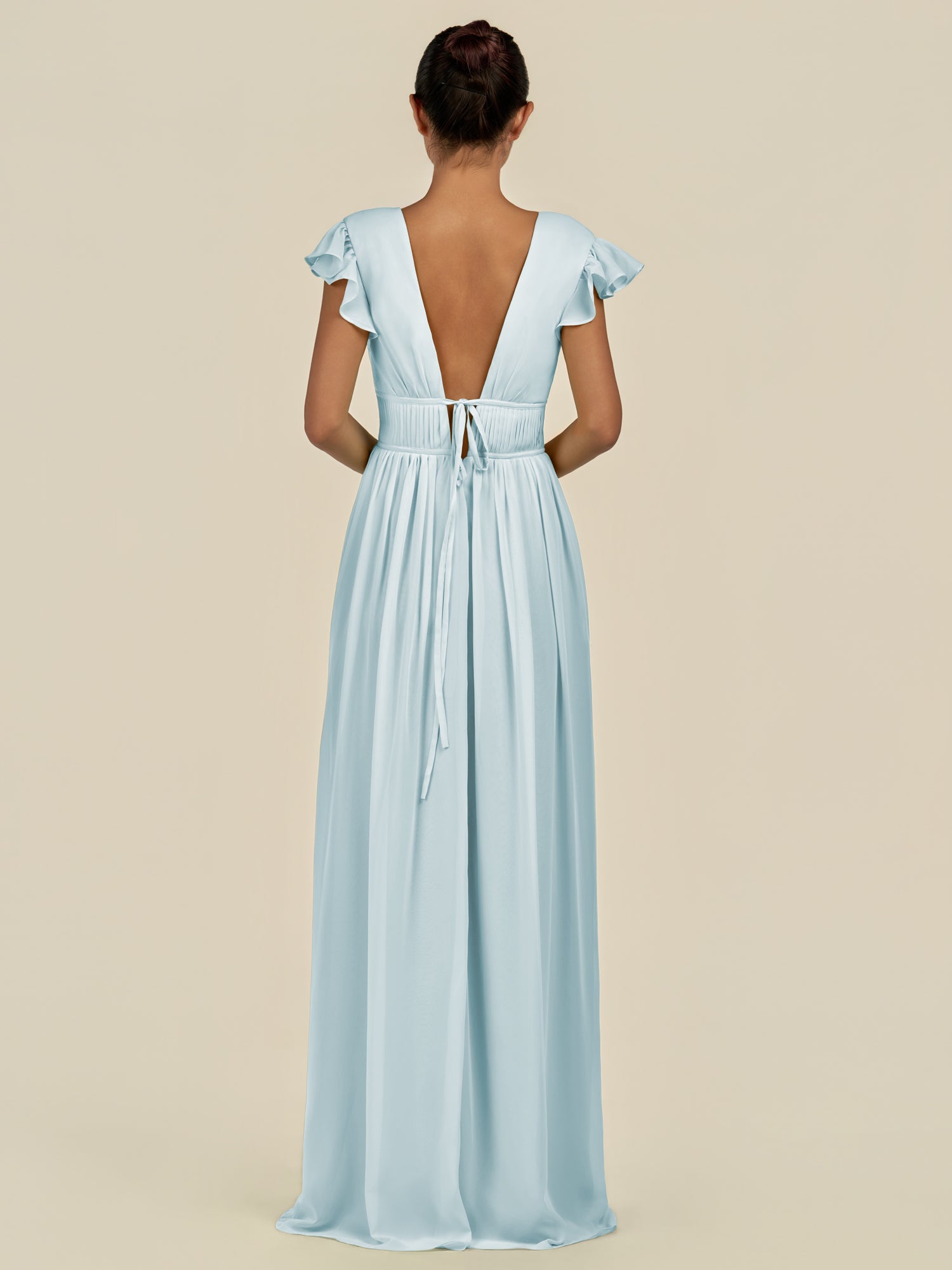 KissDress-Fienna Sky Blue A Line Chiffon Deep V Neck Long Bridesmaid Dress with Flutter Sleeves