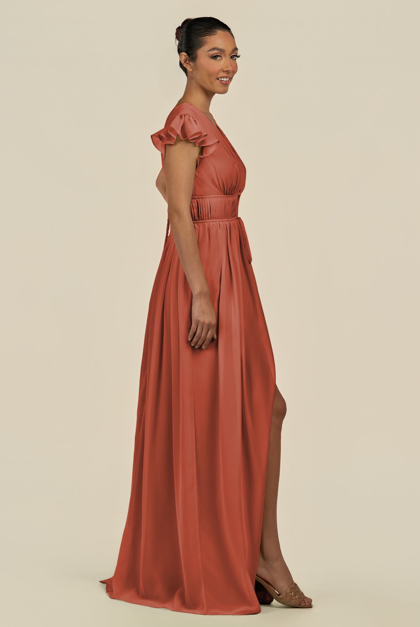 KissDress-Fienna Spice A Line Chiffon Deep V Neck Long Bridesmaid Dress with Flutter Sleeves