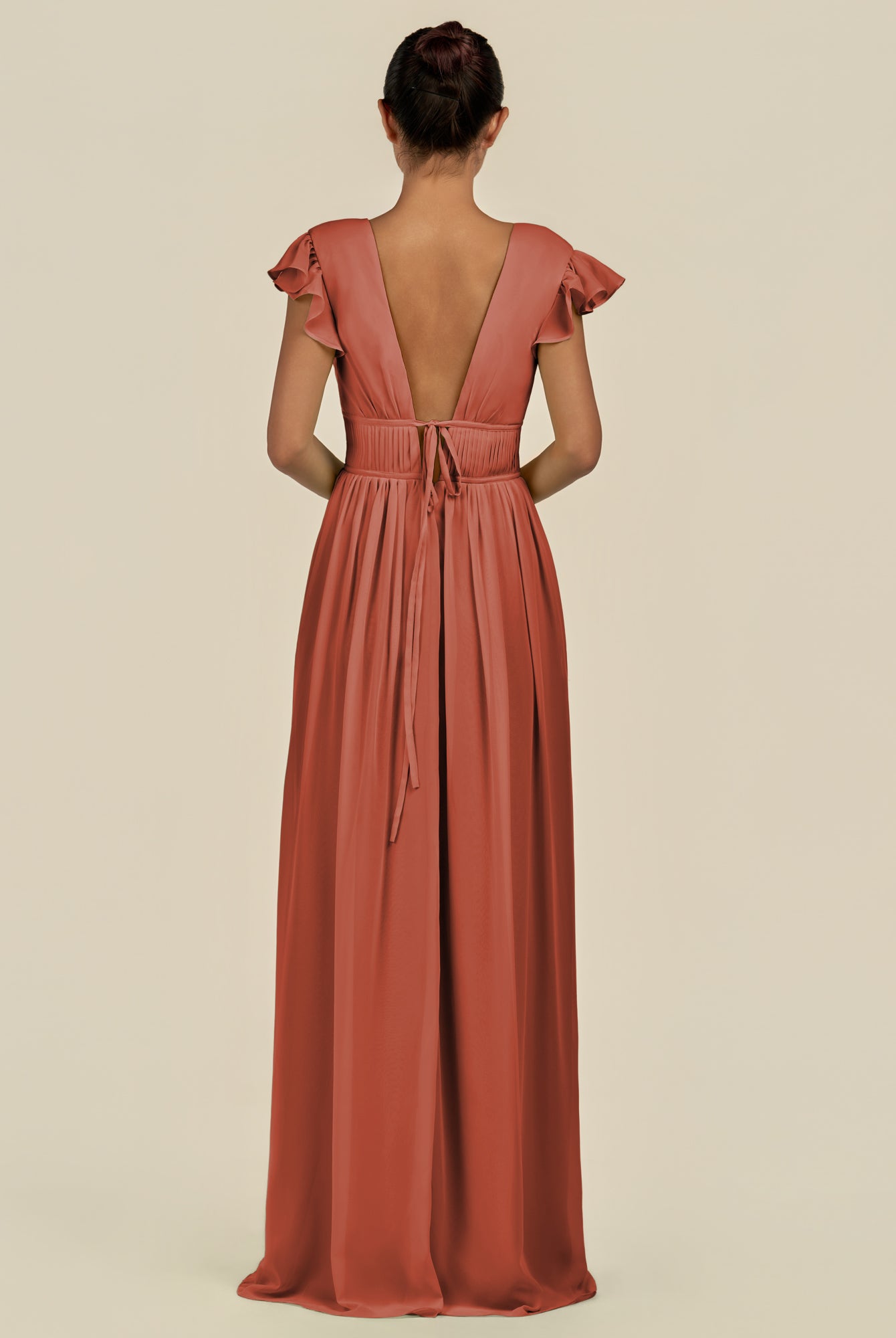 KissDress-Fienna Spice A Line Chiffon Deep V Neck Long Bridesmaid Dress with Flutter Sleeves