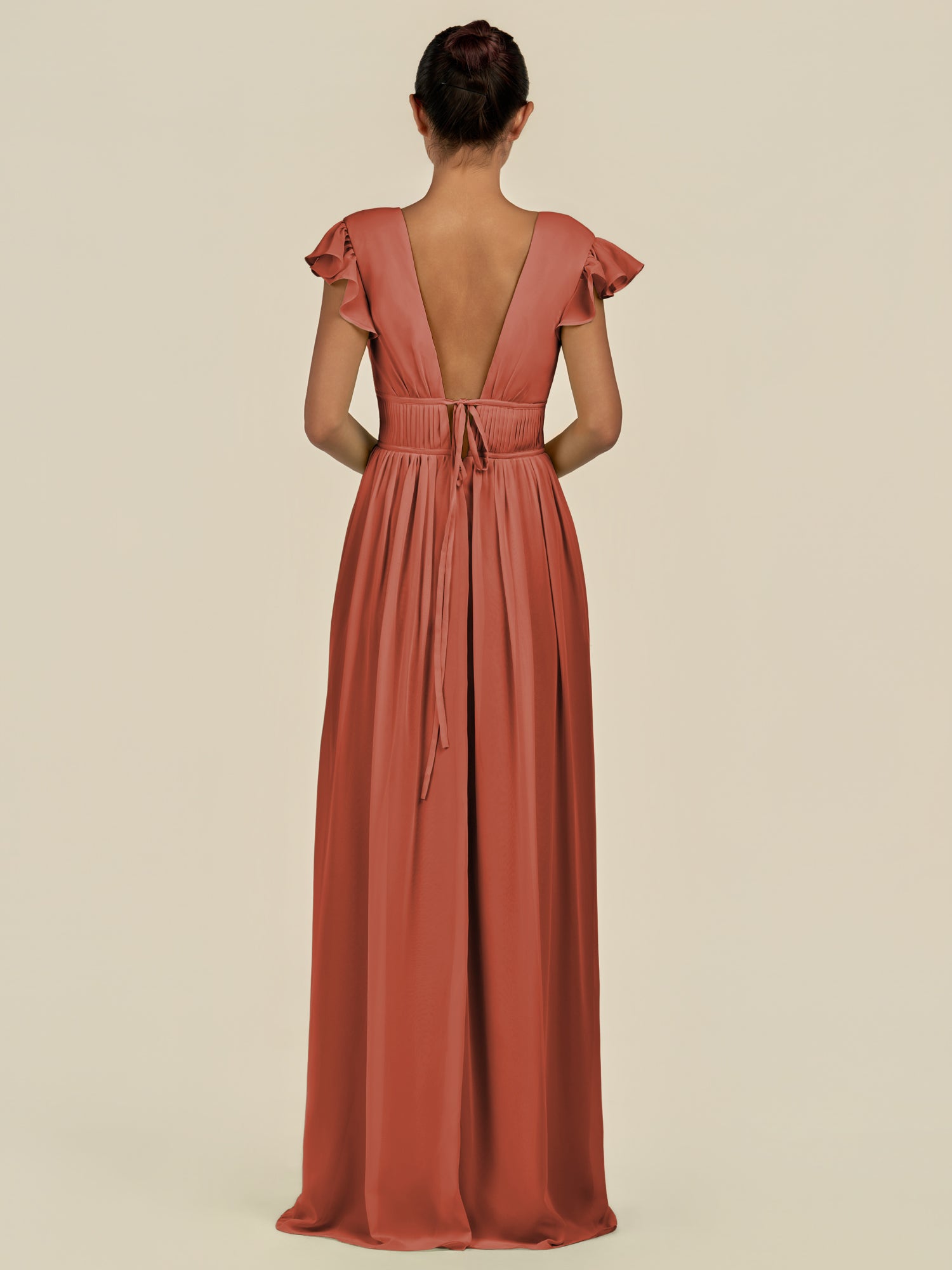 KissDress-Fienna Spice A Line Chiffon Deep V Neck Long Bridesmaid Dress with Flutter Sleeves