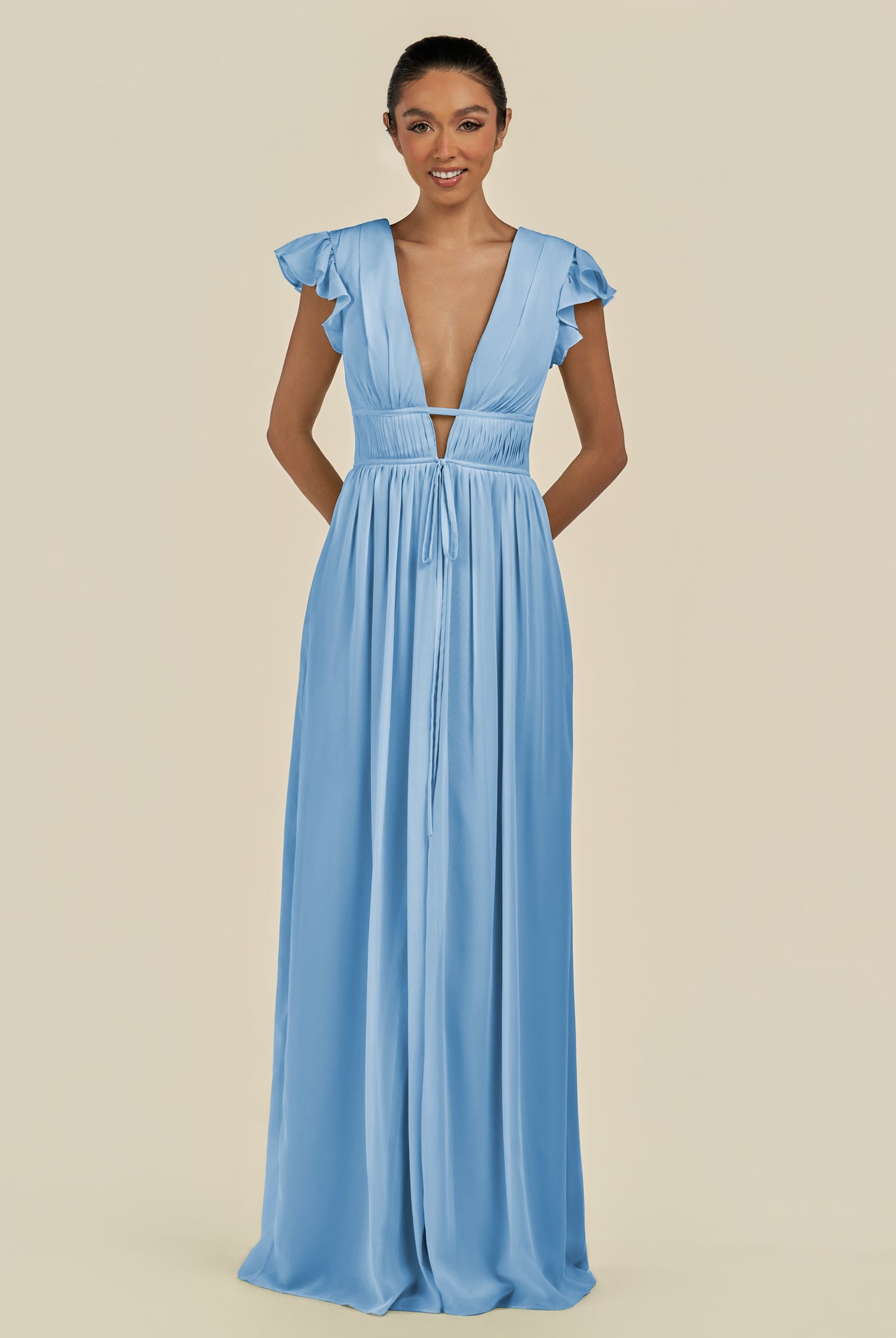 KissDress-Fienna Steel Blue A Line Chiffon Deep V Neck Long Bridesmaid Dress with Flutter Sleeves