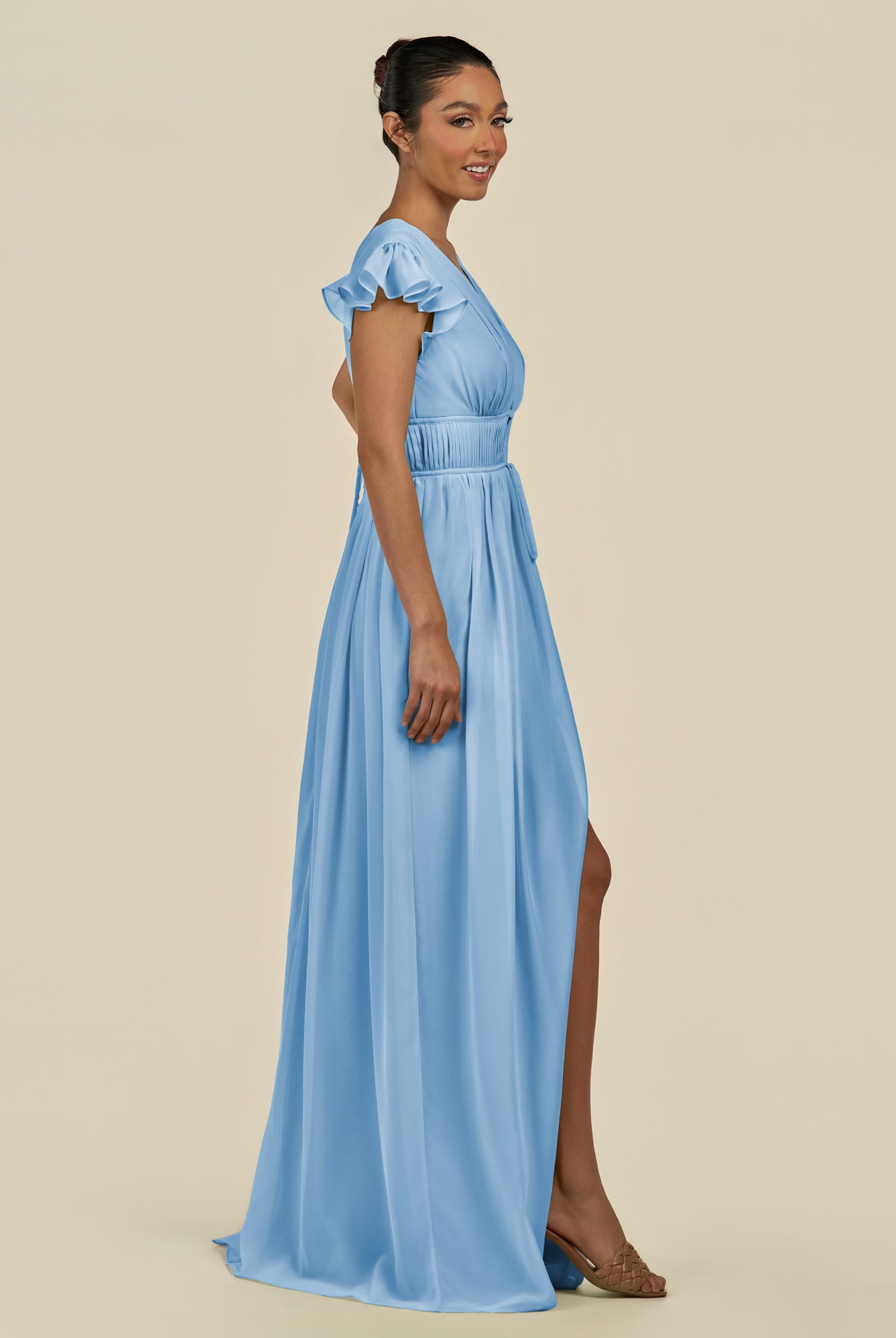 KissDress-Fienna Steel Blue A Line Chiffon Deep V Neck Long Bridesmaid Dress with Flutter Sleeves