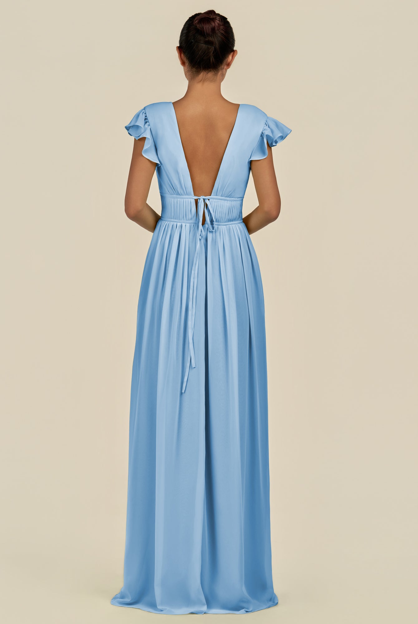 KissDress-Fienna Steel Blue A Line Chiffon Deep V Neck Long Bridesmaid Dress with Flutter Sleeves