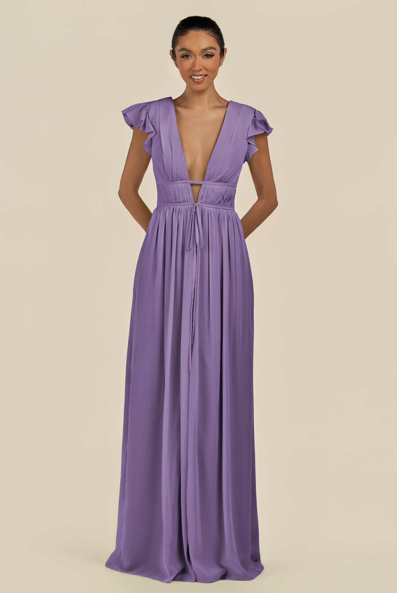 KissDress-Fienna Tahiti A Line Chiffon Deep V Neck Long Bridesmaid Dress with Flutter Sleeves