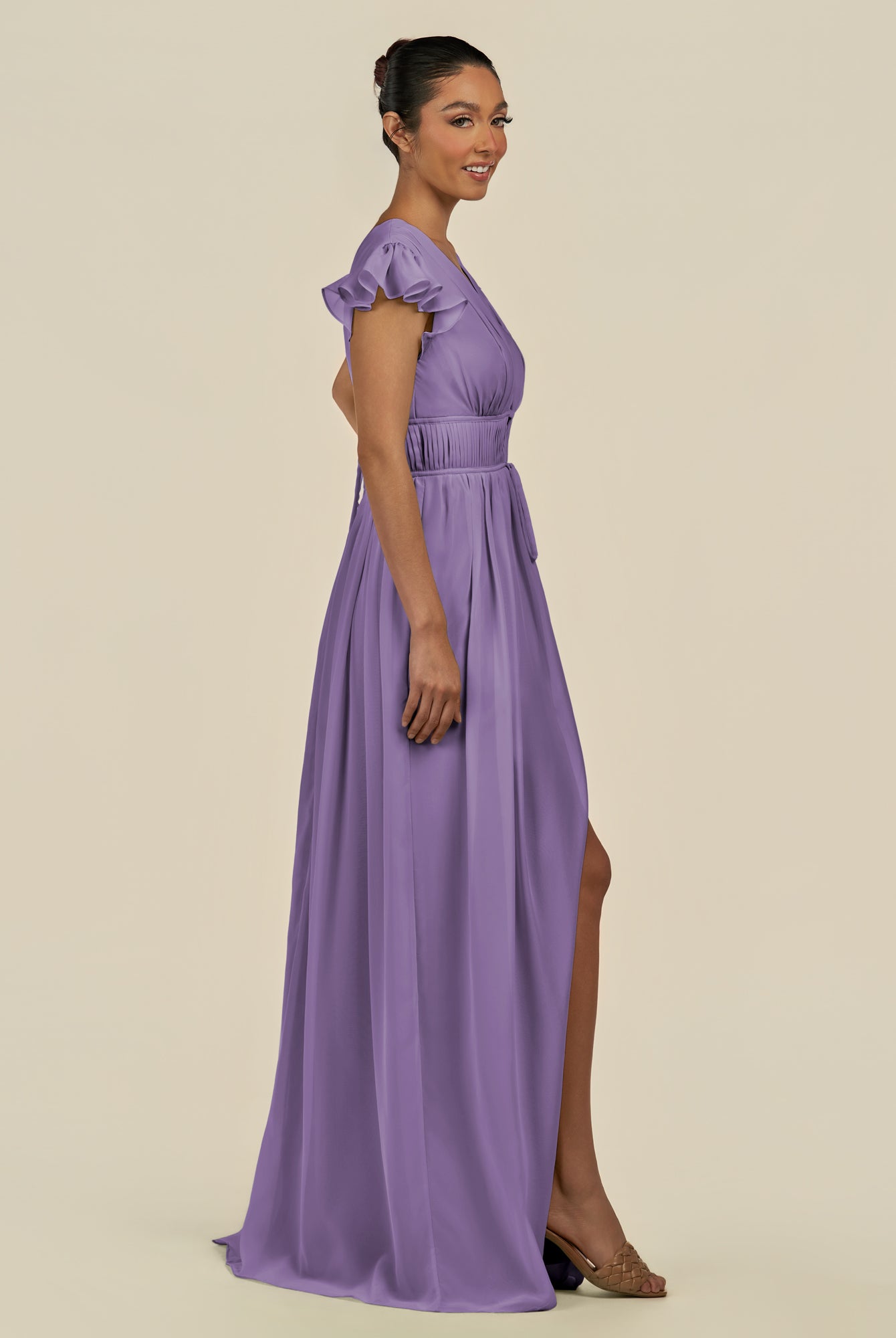 KissDress-Fienna Tahiti A Line Chiffon Deep V Neck Long Bridesmaid Dress with Flutter Sleeves