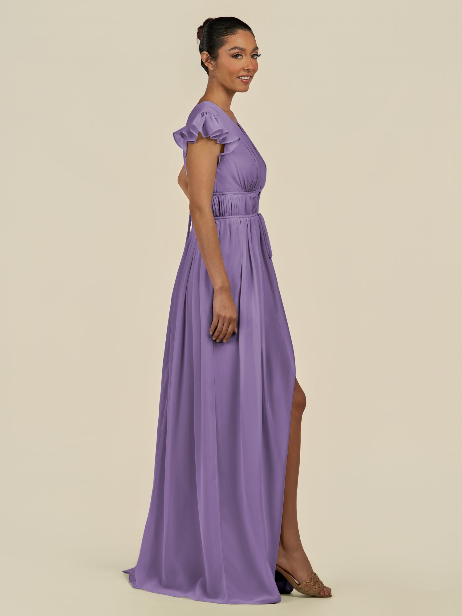 KissDress-Fienna Tahiti A Line Chiffon Deep V Neck Long Bridesmaid Dress with Flutter Sleeves