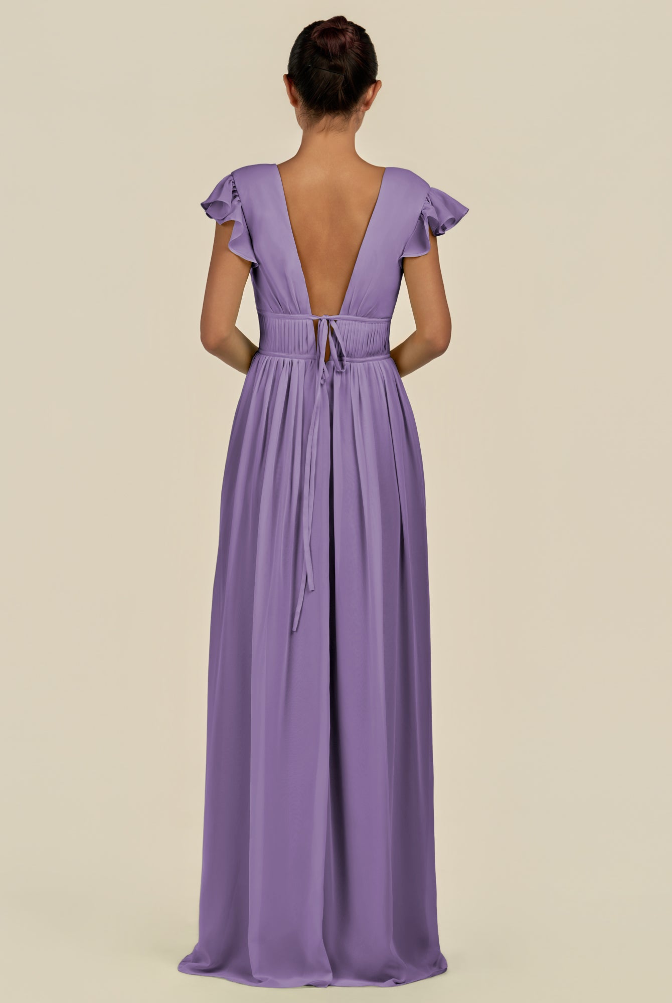 KissDress-Fienna Tahiti A Line Chiffon Deep V Neck Long Bridesmaid Dress with Flutter Sleeves