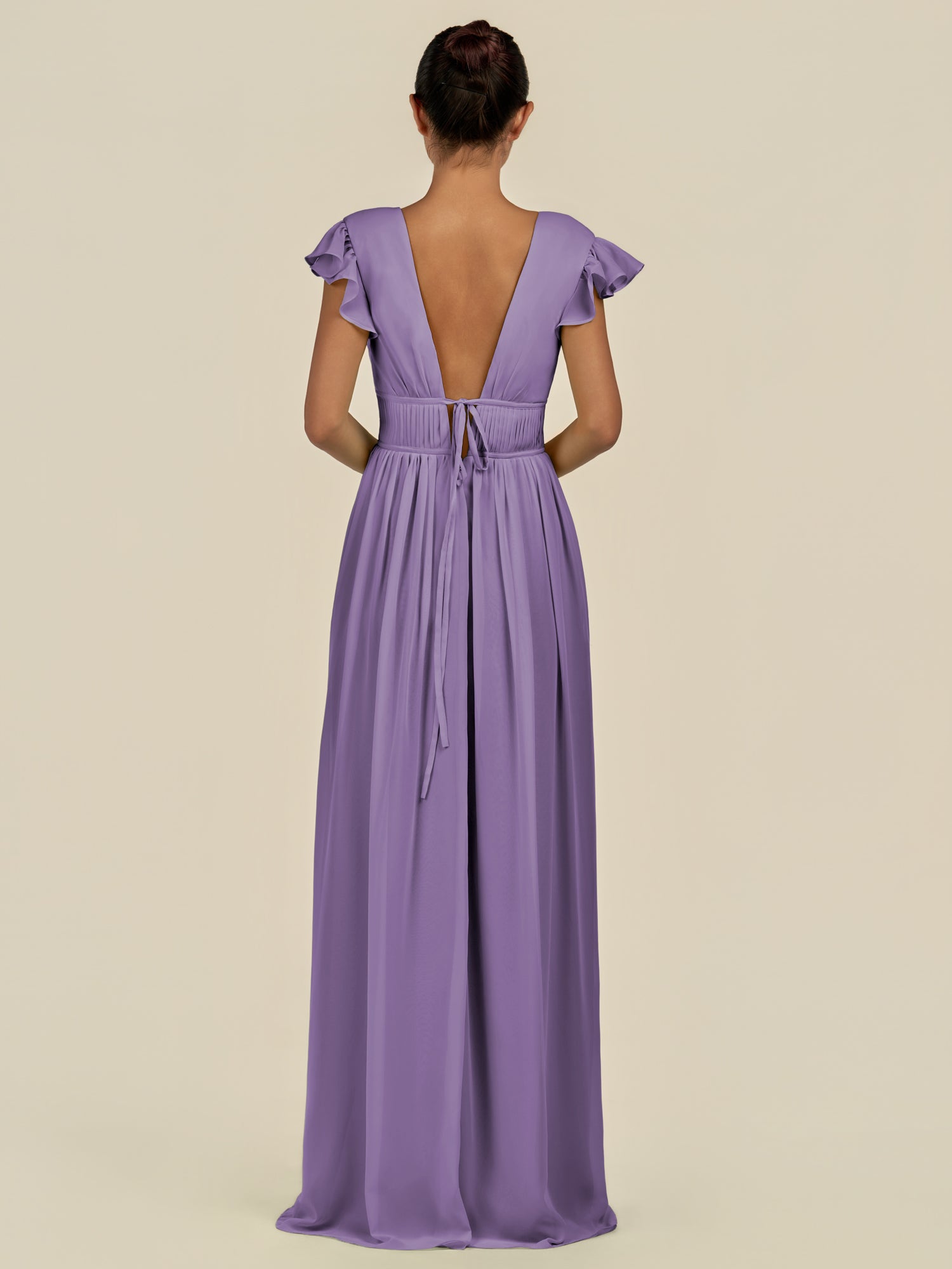 KissDress-Fienna Tahiti A Line Chiffon Deep V Neck Long Bridesmaid Dress with Flutter Sleeves