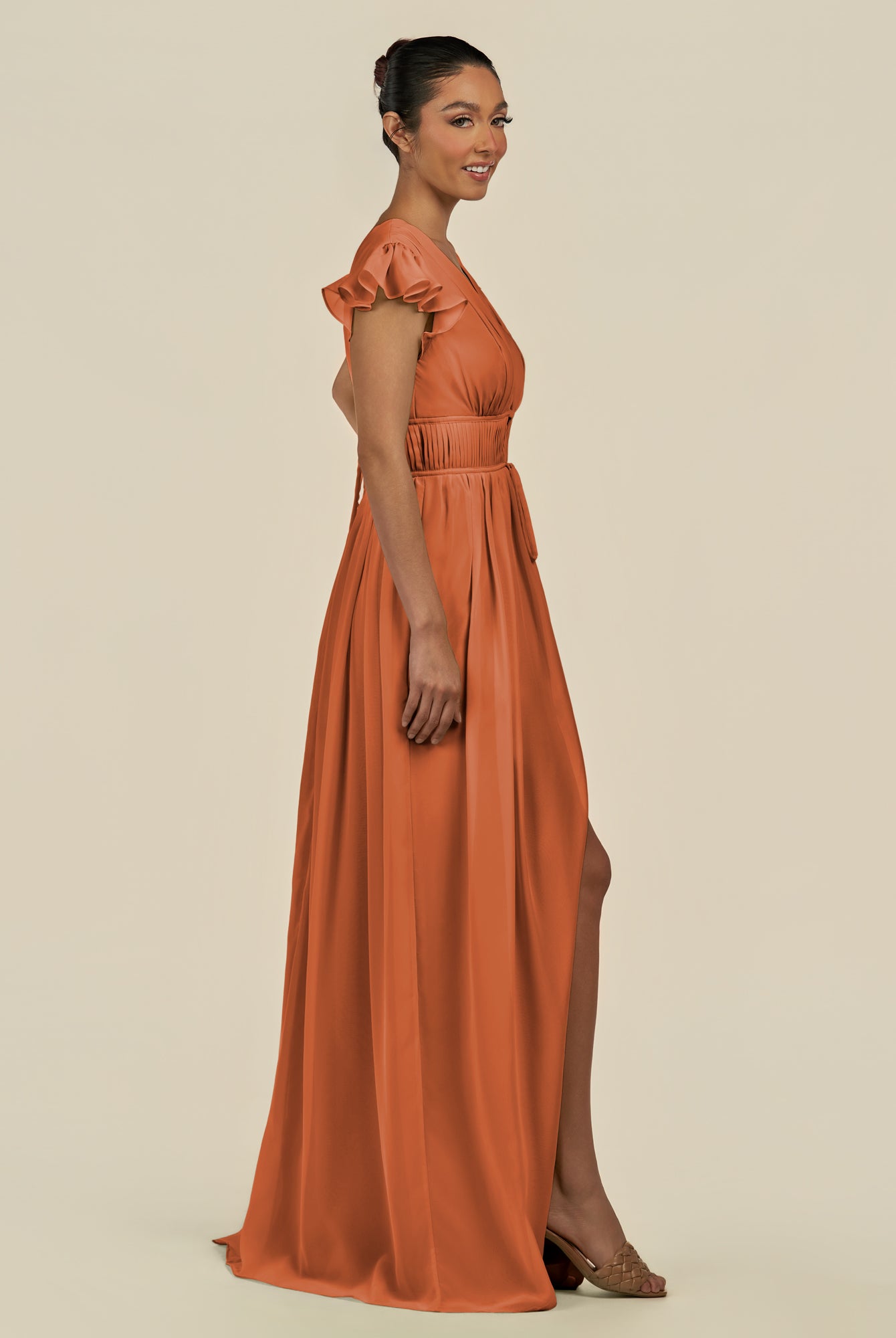 KissDress-Fienna Terracotta A Line Chiffon Deep V Neck Long Bridesmaid Dress with Flutter Sleeves