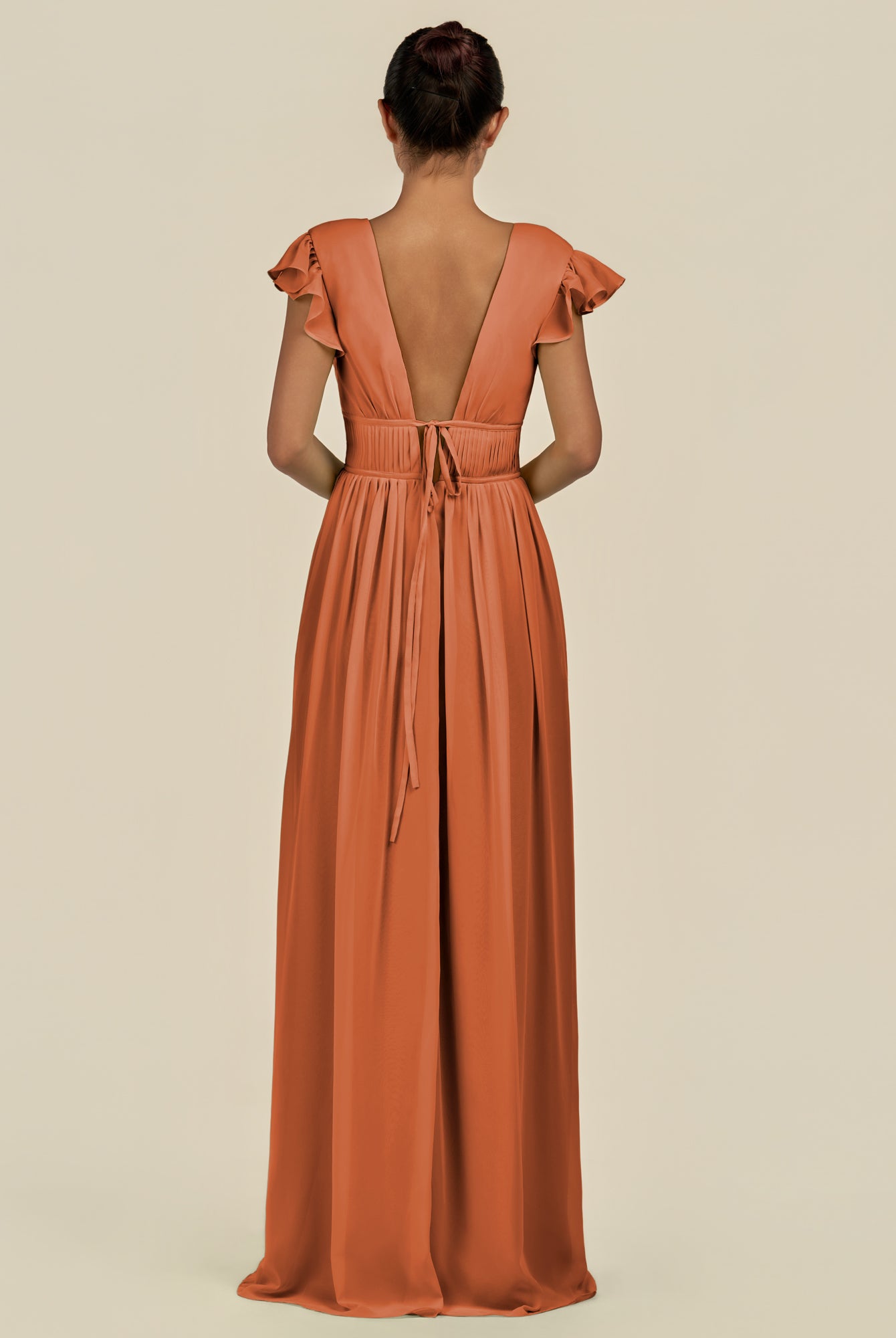 KissDress-Fienna Terracotta A Line Chiffon Deep V Neck Long Bridesmaid Dress with Flutter Sleeves