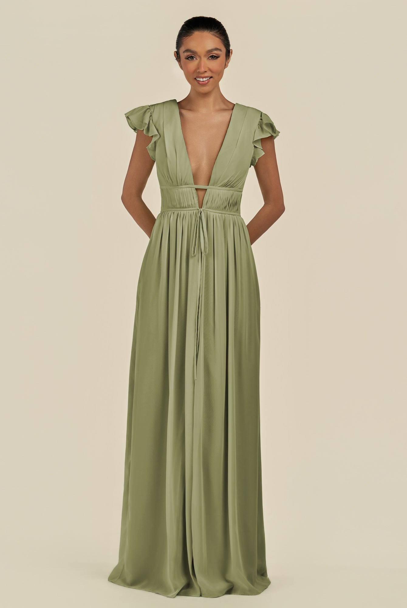 KissDress-Fienna Thyme A Line Chiffon Deep V Neck Long Bridesmaid Dress with Flutter Sleeves