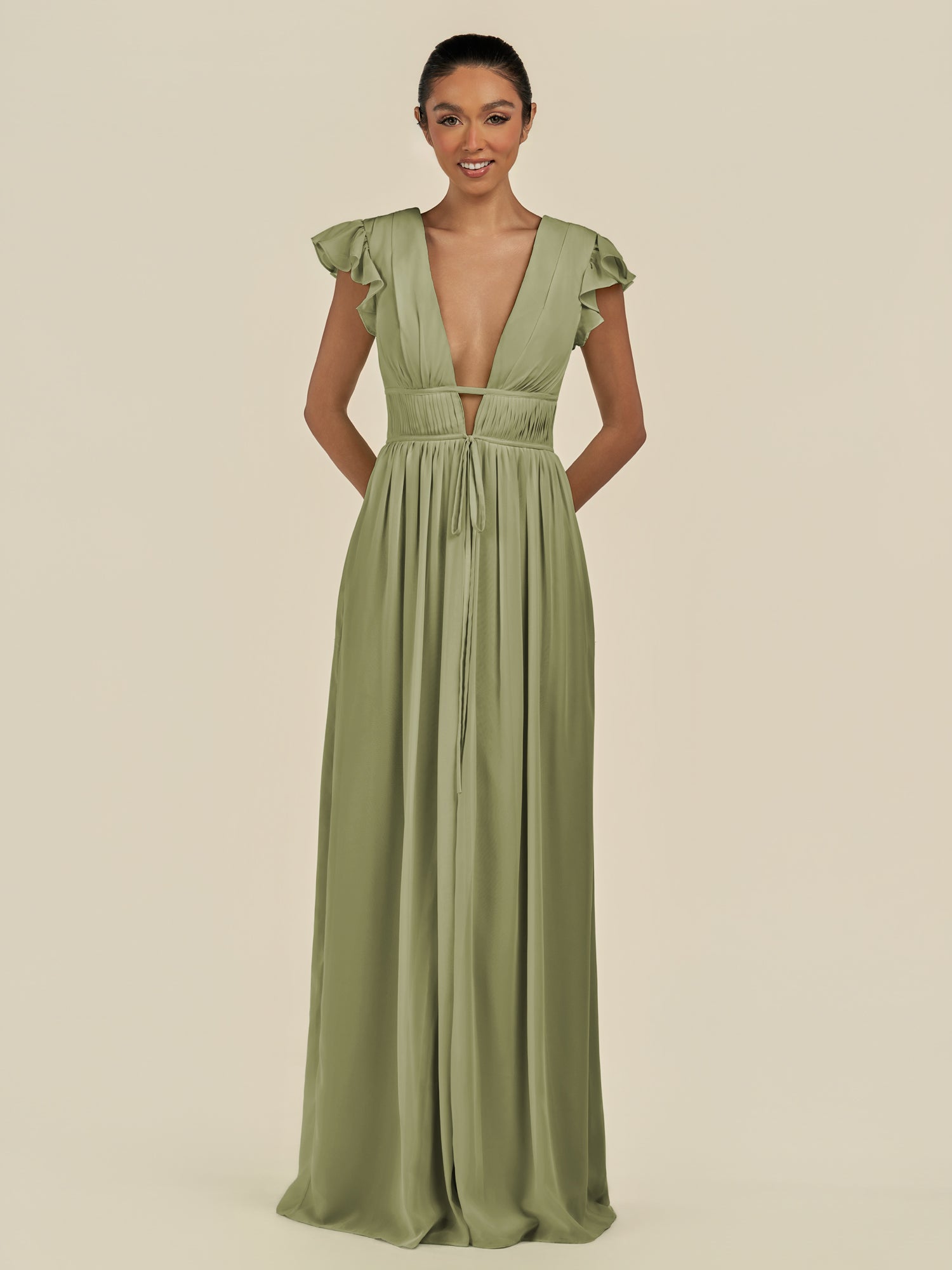 KissDress-Fienna Thyme A Line Chiffon Deep V Neck Long Bridesmaid Dress with Flutter Sleeves