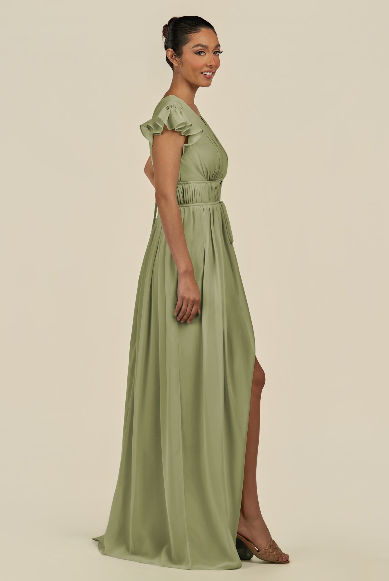 KissDress-Fienna Thyme A Line Chiffon Deep V Neck Long Bridesmaid Dress with Flutter Sleeves