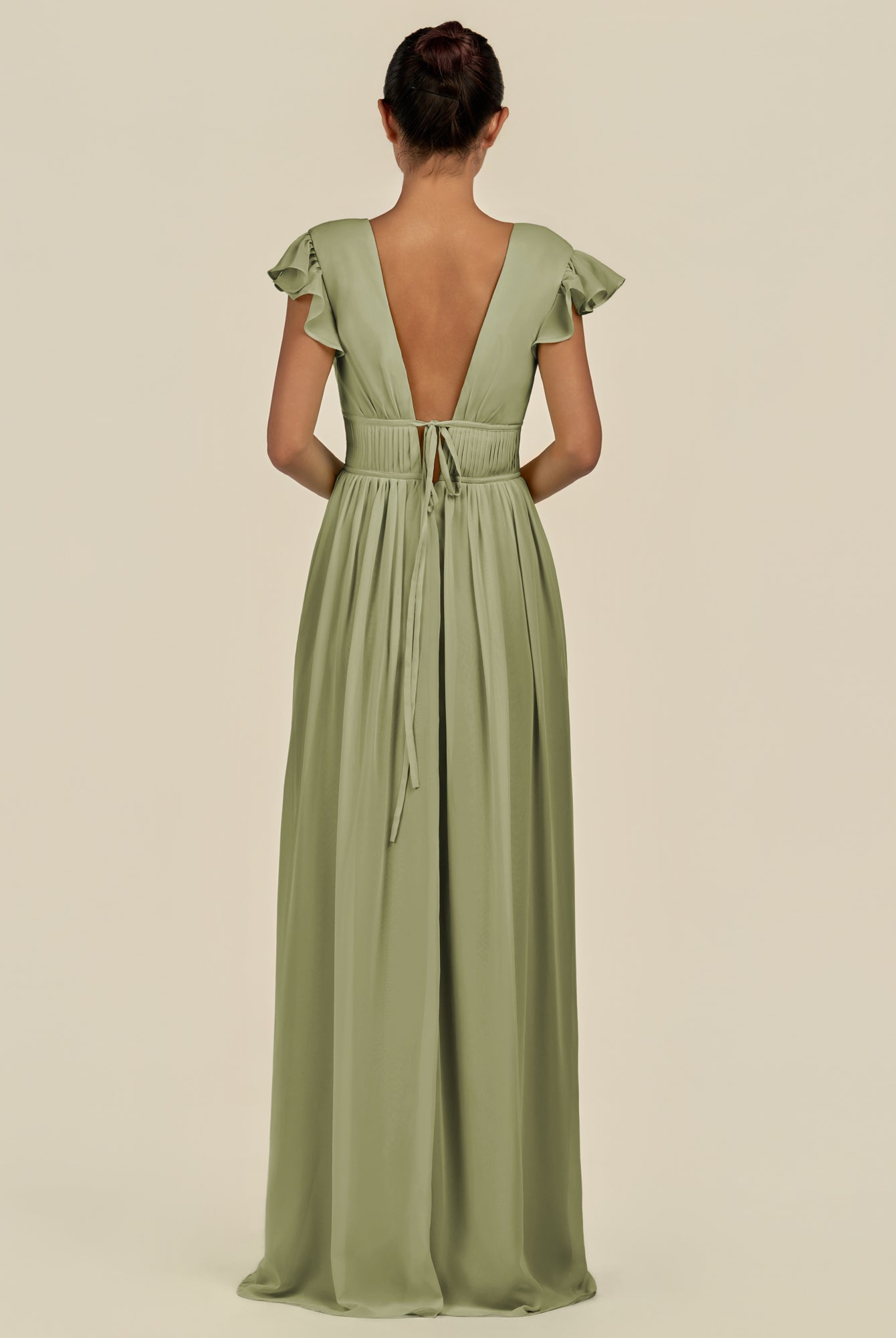 KissDress-Fienna Thyme A Line Chiffon Deep V Neck Long Bridesmaid Dress with Flutter Sleeves