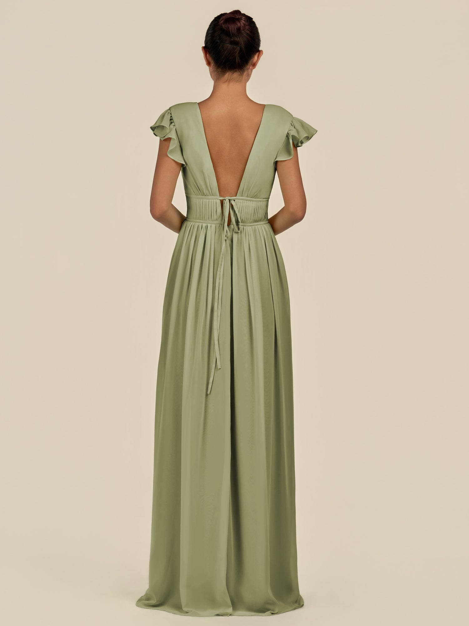 KissDress-Fienna Thyme A Line Chiffon Deep V Neck Long Bridesmaid Dress with Flutter Sleeves