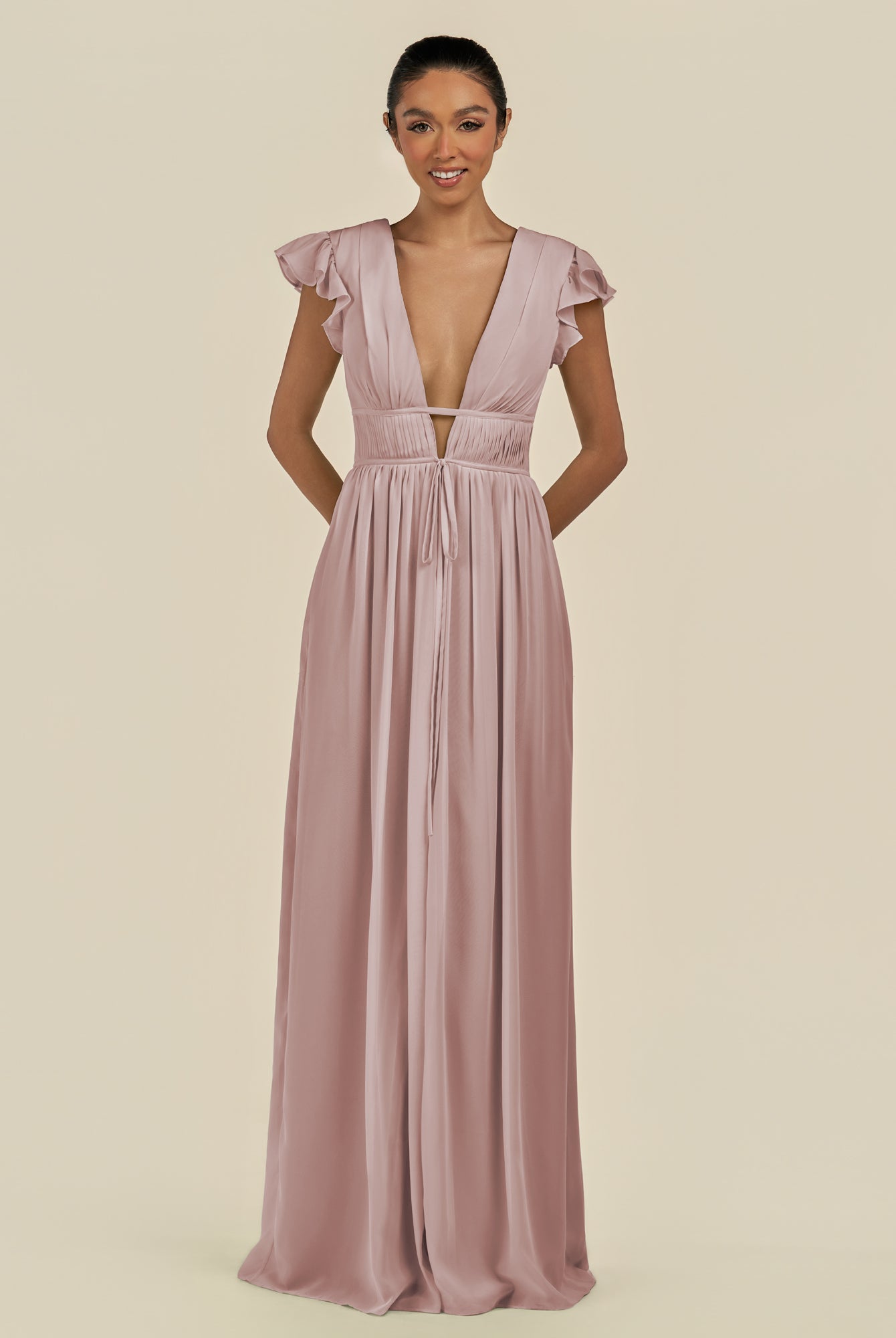 KissDress-Fienna Toffee A Line Chiffon Deep V Neck Long Bridesmaid Dress with Flutter Sleeves
