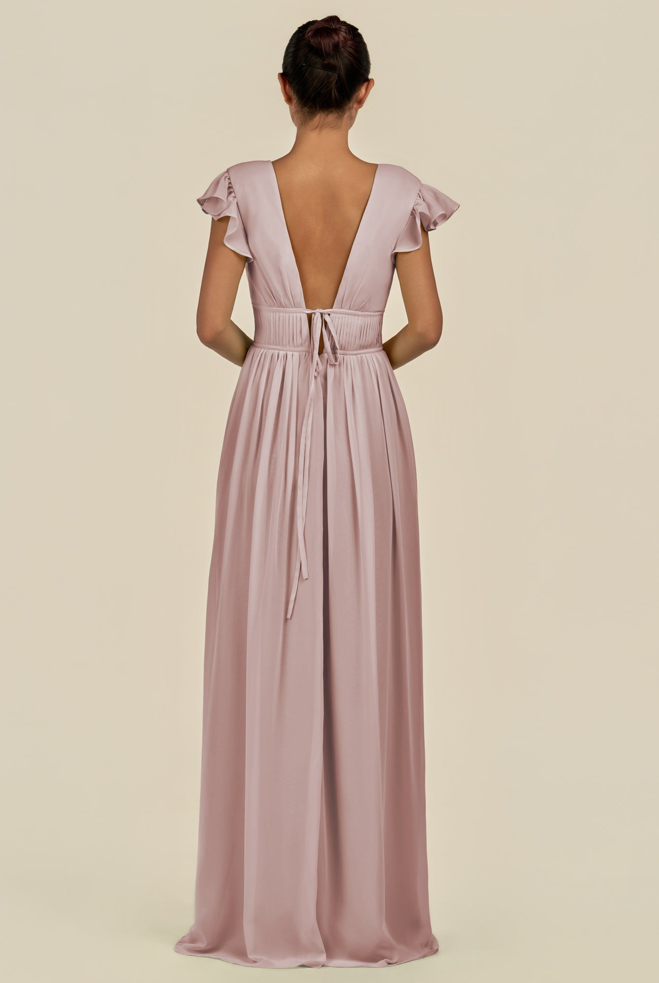 KissDress-Fienna Toffee A Line Chiffon Deep V Neck Long Bridesmaid Dress with Flutter Sleeves
