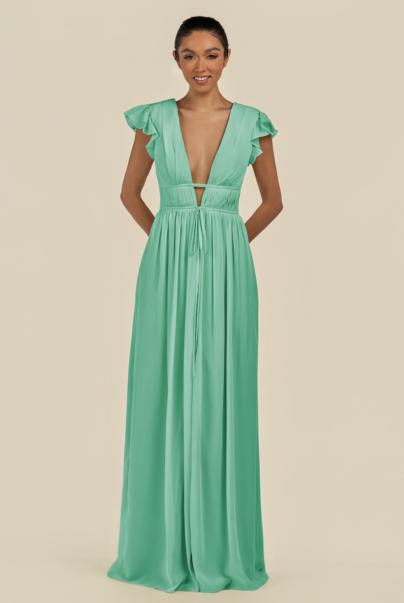 KissDress-Fienna Turquoise A Line Chiffon Deep V Neck Long Bridesmaid Dress with Flutter Sleeves