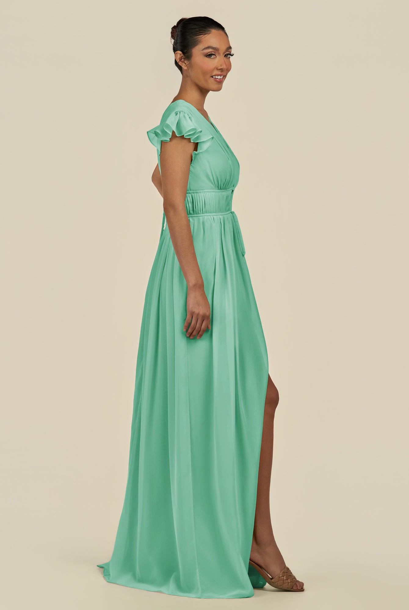 KissDress-Fienna Turquoise A Line Chiffon Deep V Neck Long Bridesmaid Dress with Flutter Sleeves
