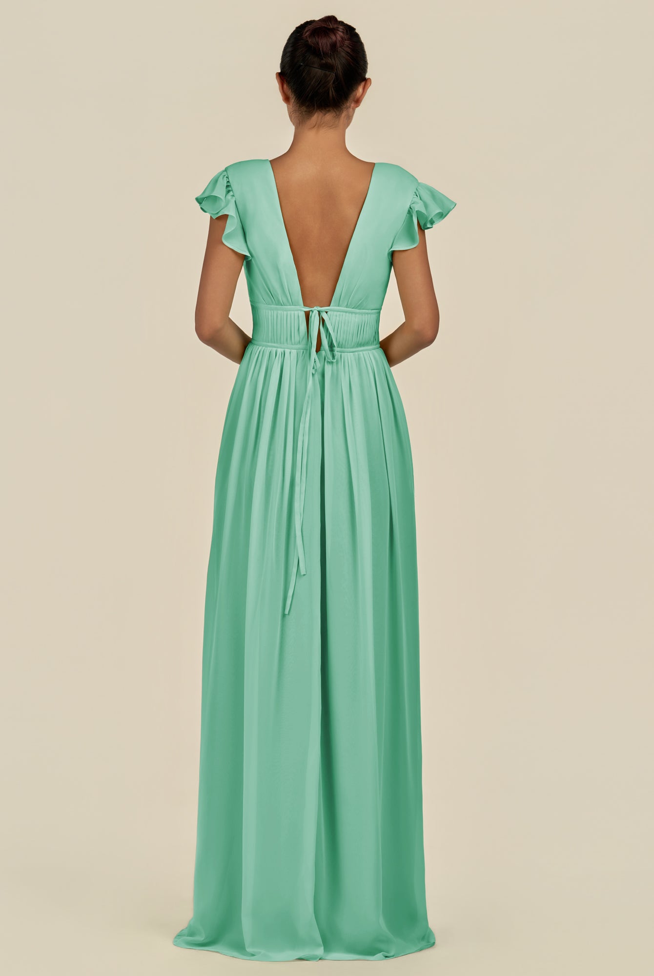 KissDress-Fienna Turquoise A Line Chiffon Deep V Neck Long Bridesmaid Dress with Flutter Sleeves