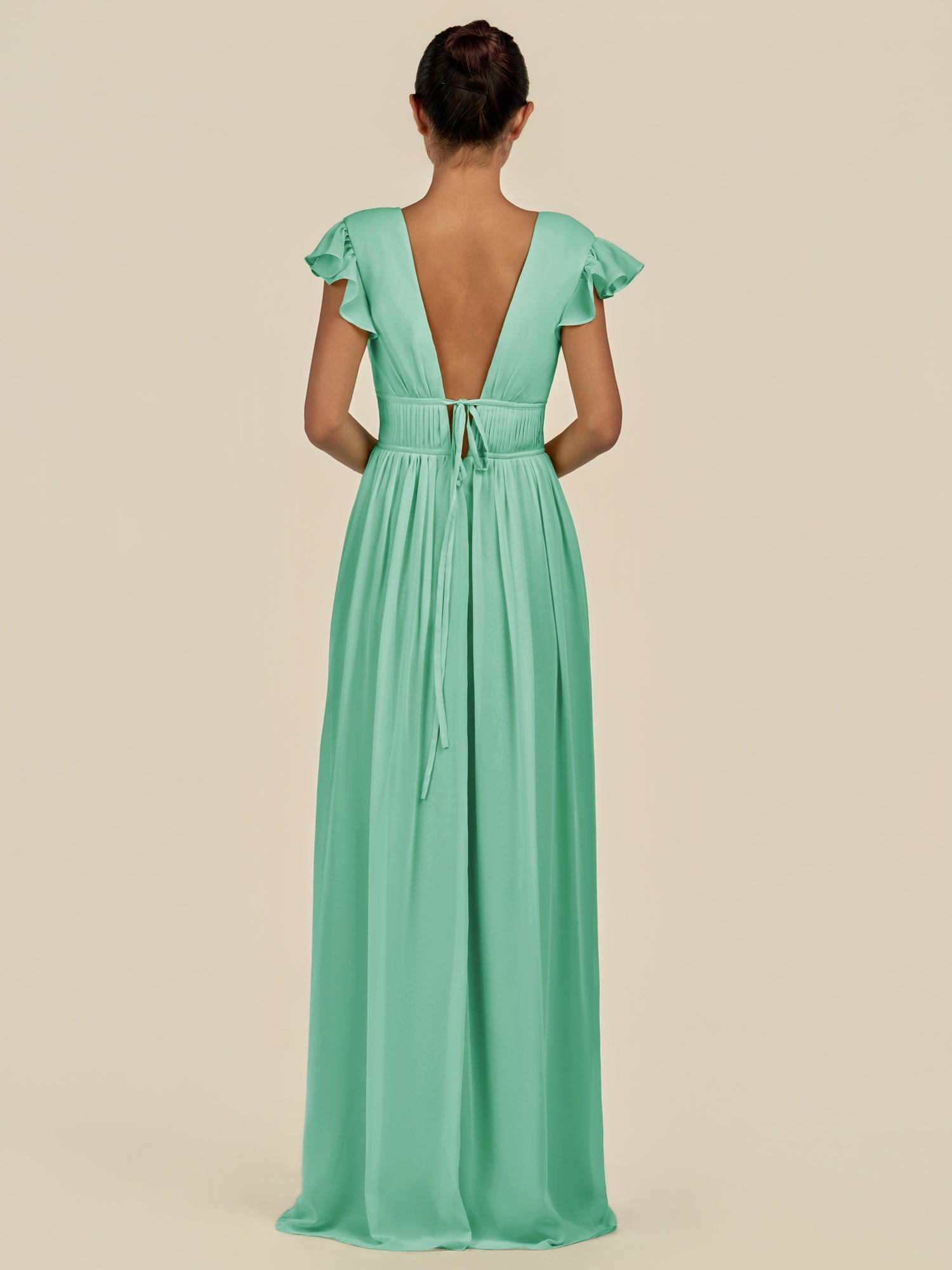 KissDress-Fienna Turquoise A Line Chiffon Deep V Neck Long Bridesmaid Dress with Flutter Sleeves