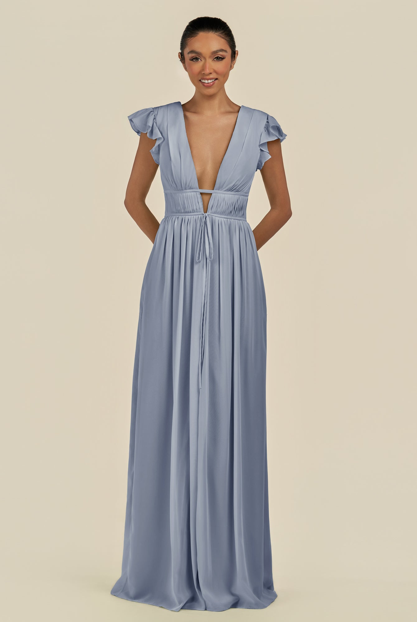 KissDress-Fienna Twilight A Line Chiffon Deep V Neck Long Bridesmaid Dress with Flutter Sleeves