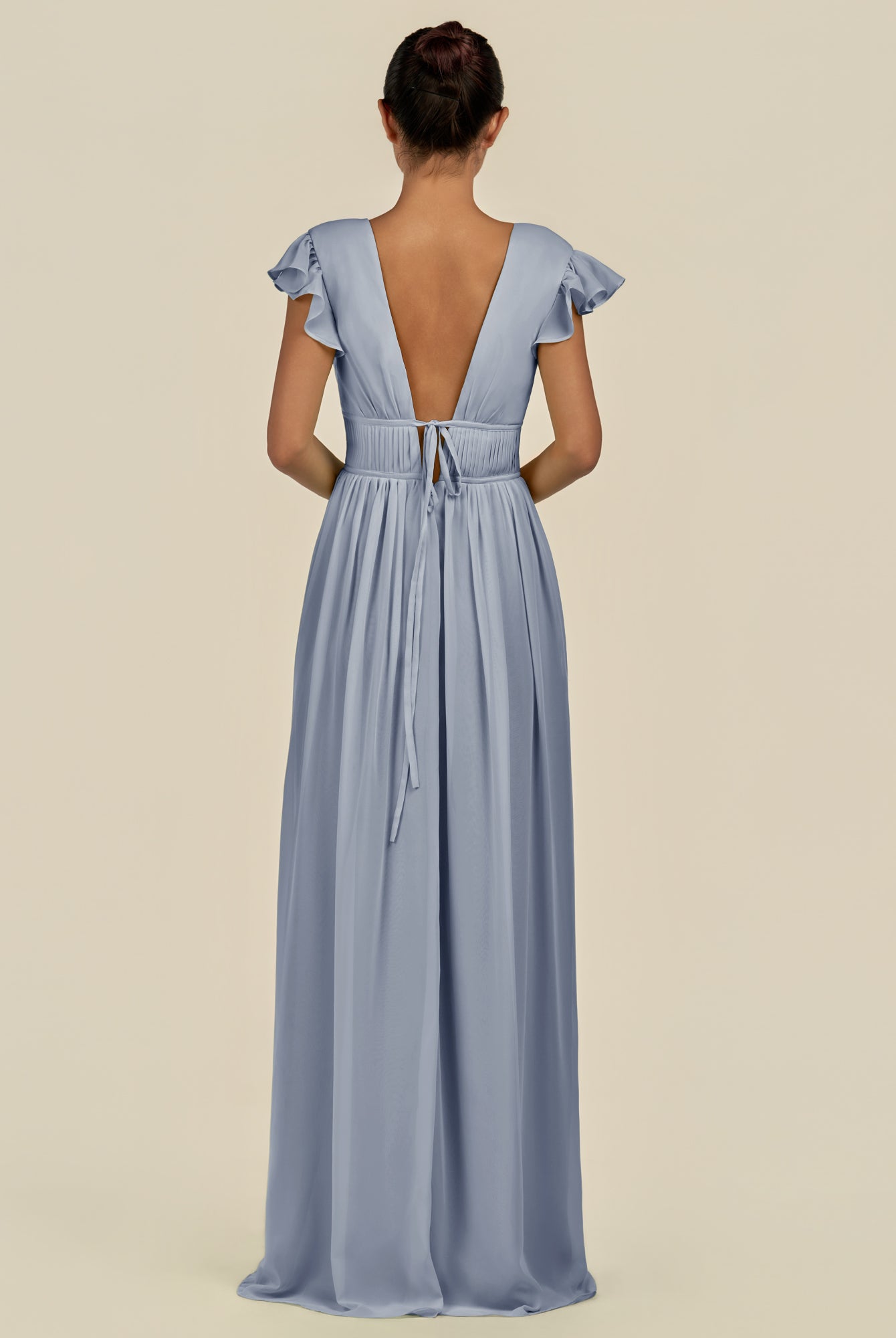 KissDress-Fienna Twilight A Line Chiffon Deep V Neck Long Bridesmaid Dress with Flutter Sleeves
