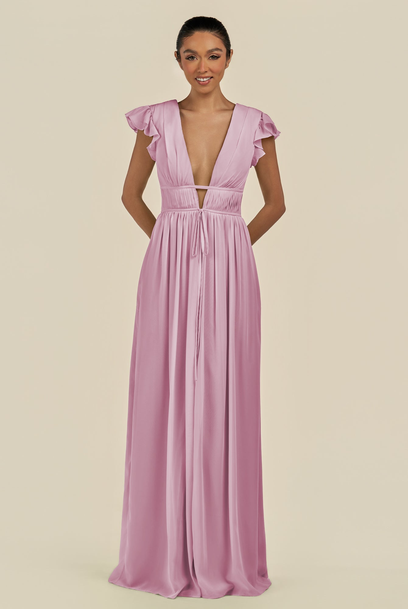 KissDress-Fienna Vintage Mauve A Line Chiffon Deep V Neck Long Bridesmaid Dress with Flutter Sleeves