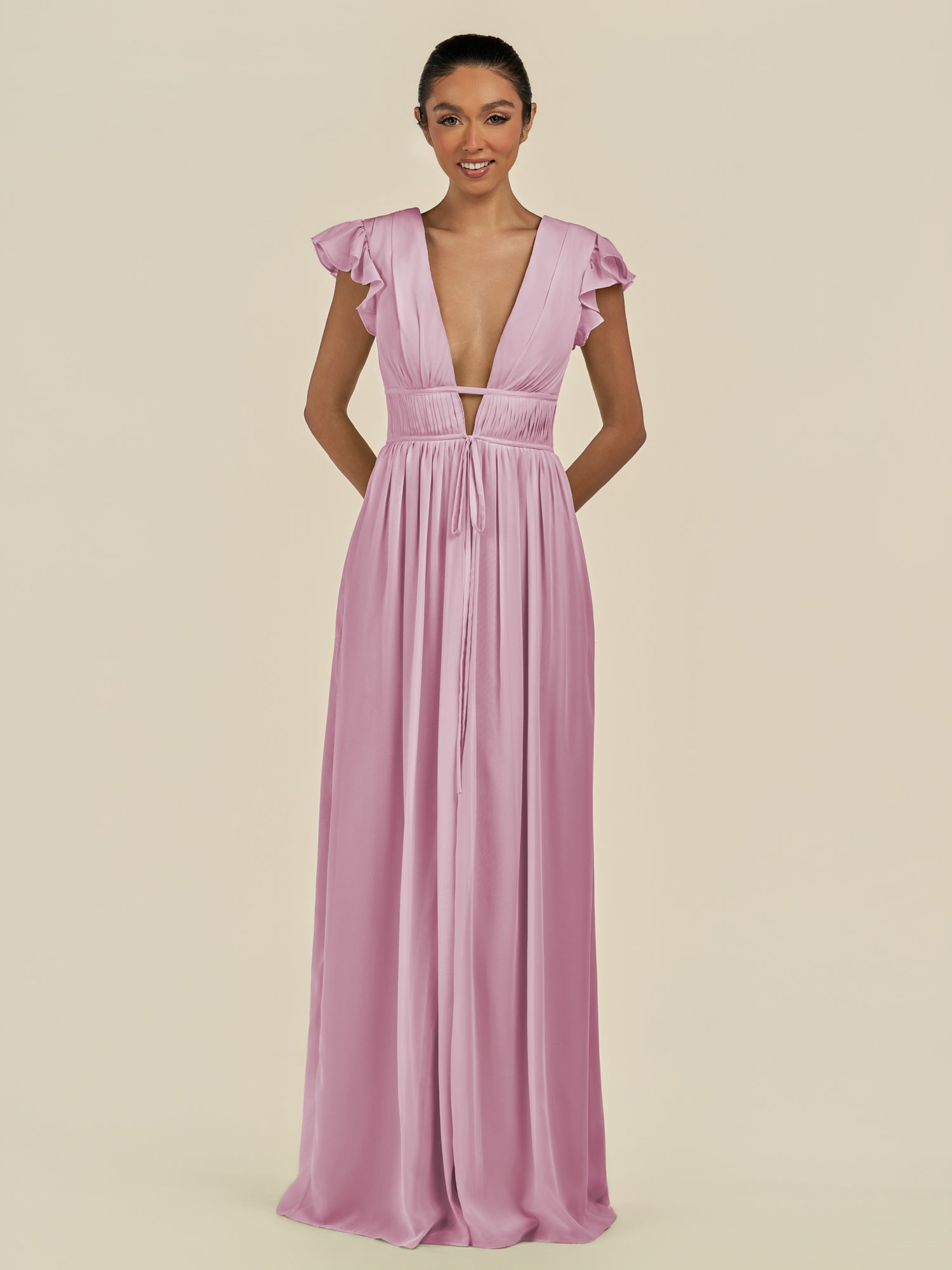 KissDress-Fienna Vintage Mauve A Line Chiffon Deep V Neck Long Bridesmaid Dress with Flutter Sleeves