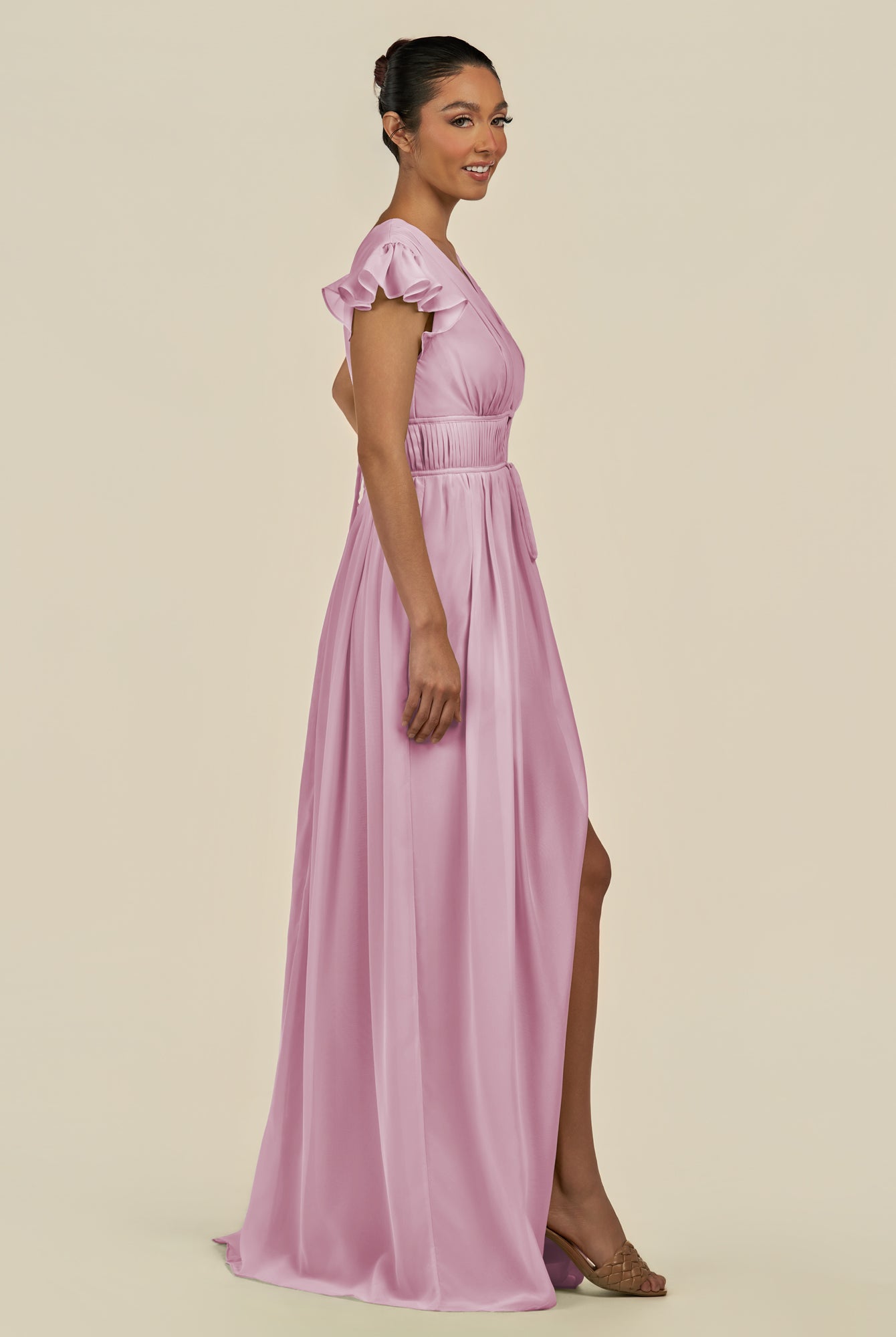 KissDress-Fienna Vintage Mauve A Line Chiffon Deep V Neck Long Bridesmaid Dress with Flutter Sleeves