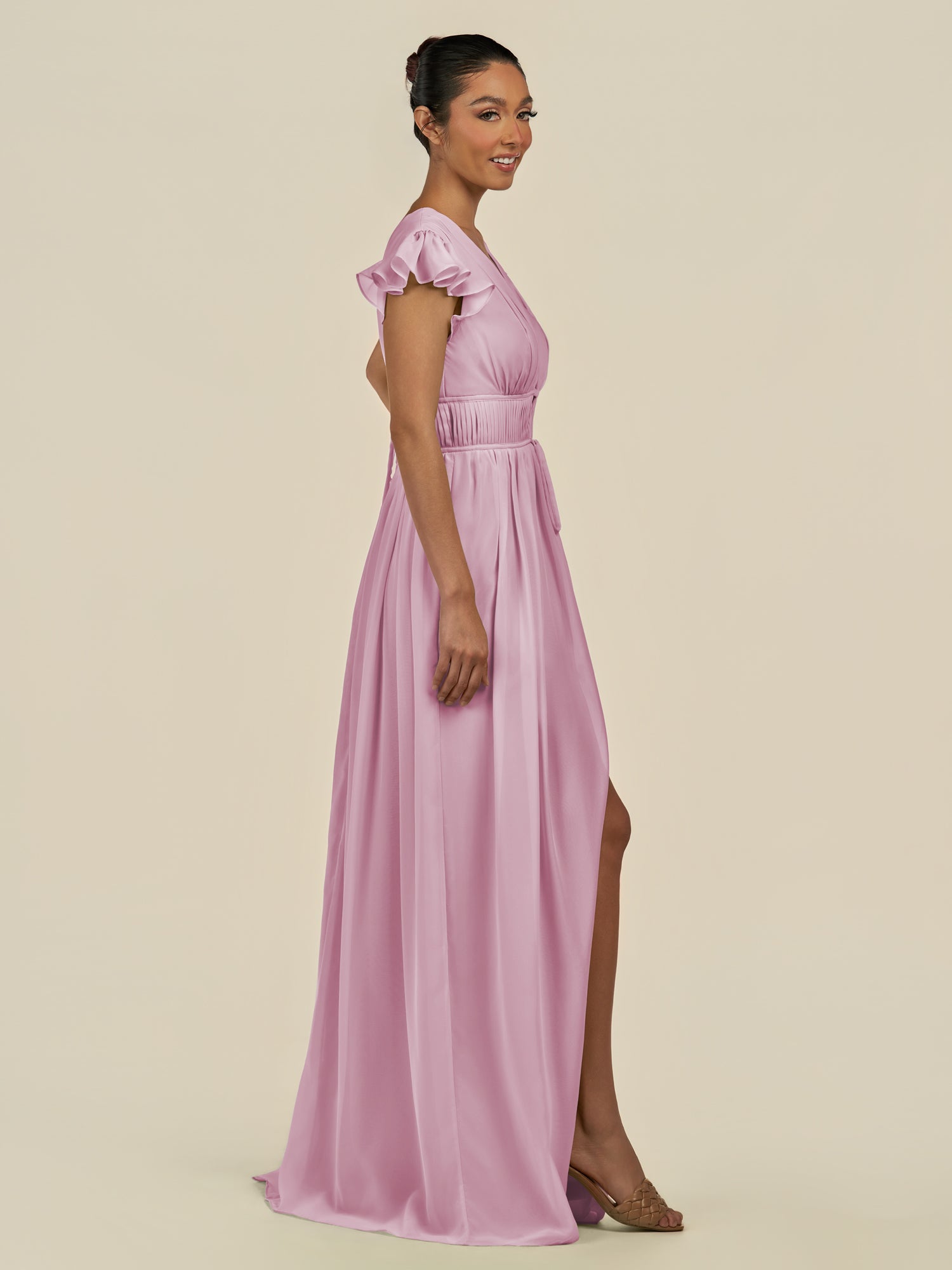 KissDress-Fienna Vintage Mauve A Line Chiffon Deep V Neck Long Bridesmaid Dress with Flutter Sleeves