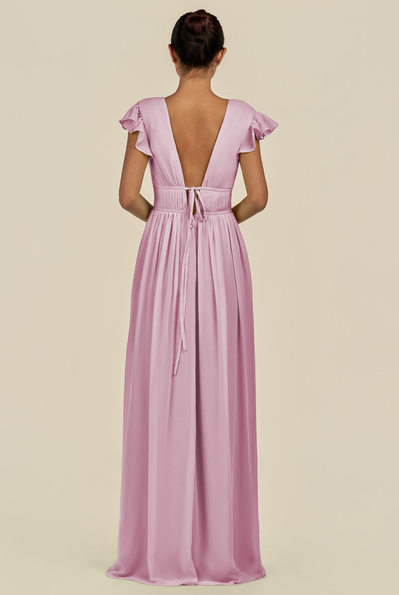 KissDress-Fienna Vintage Mauve A Line Chiffon Deep V Neck Long Bridesmaid Dress with Flutter Sleeves