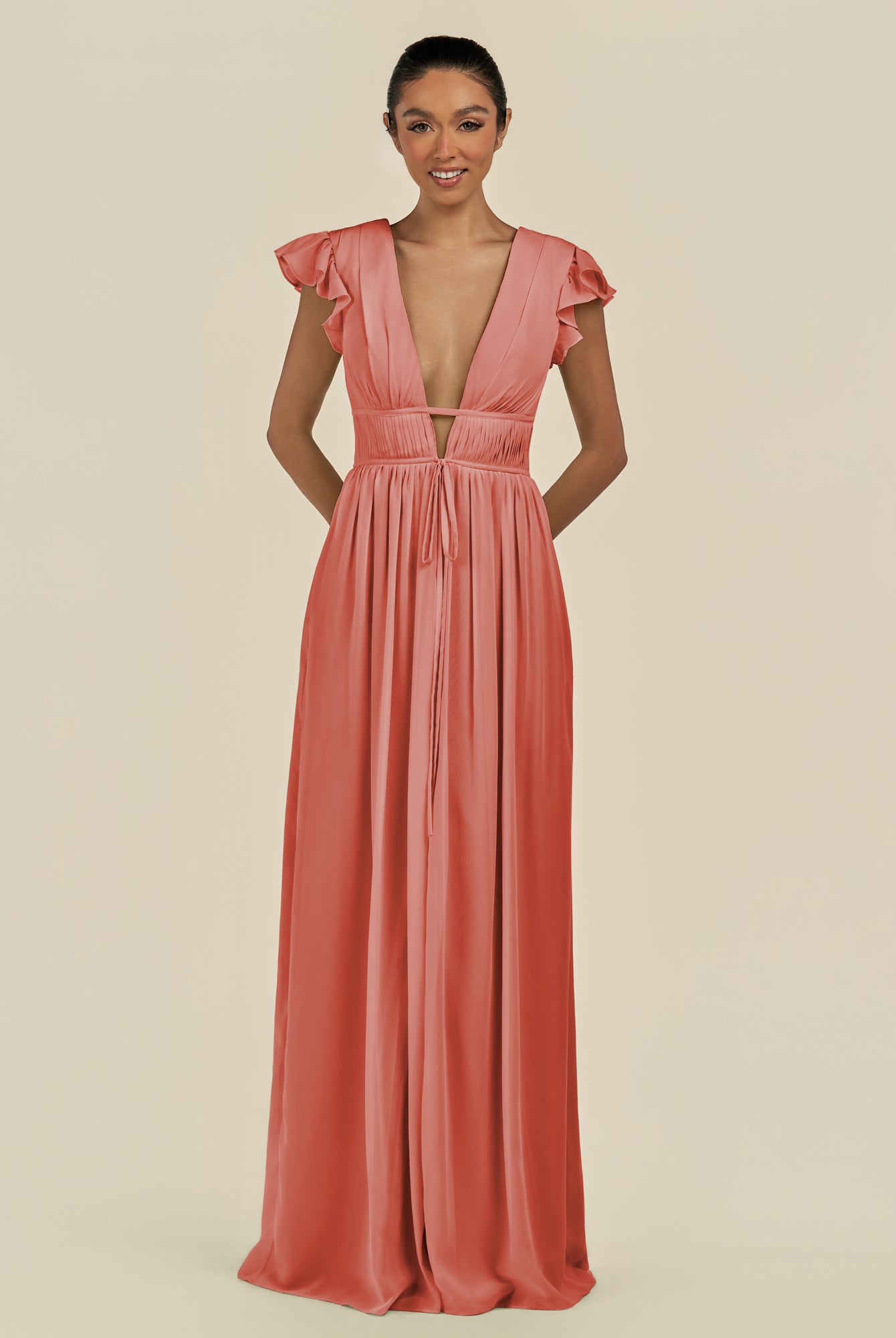 KissDress-Fienna Wild Rose A Line Chiffon Deep V Neck Long Bridesmaid Dress with Flutter Sleeves