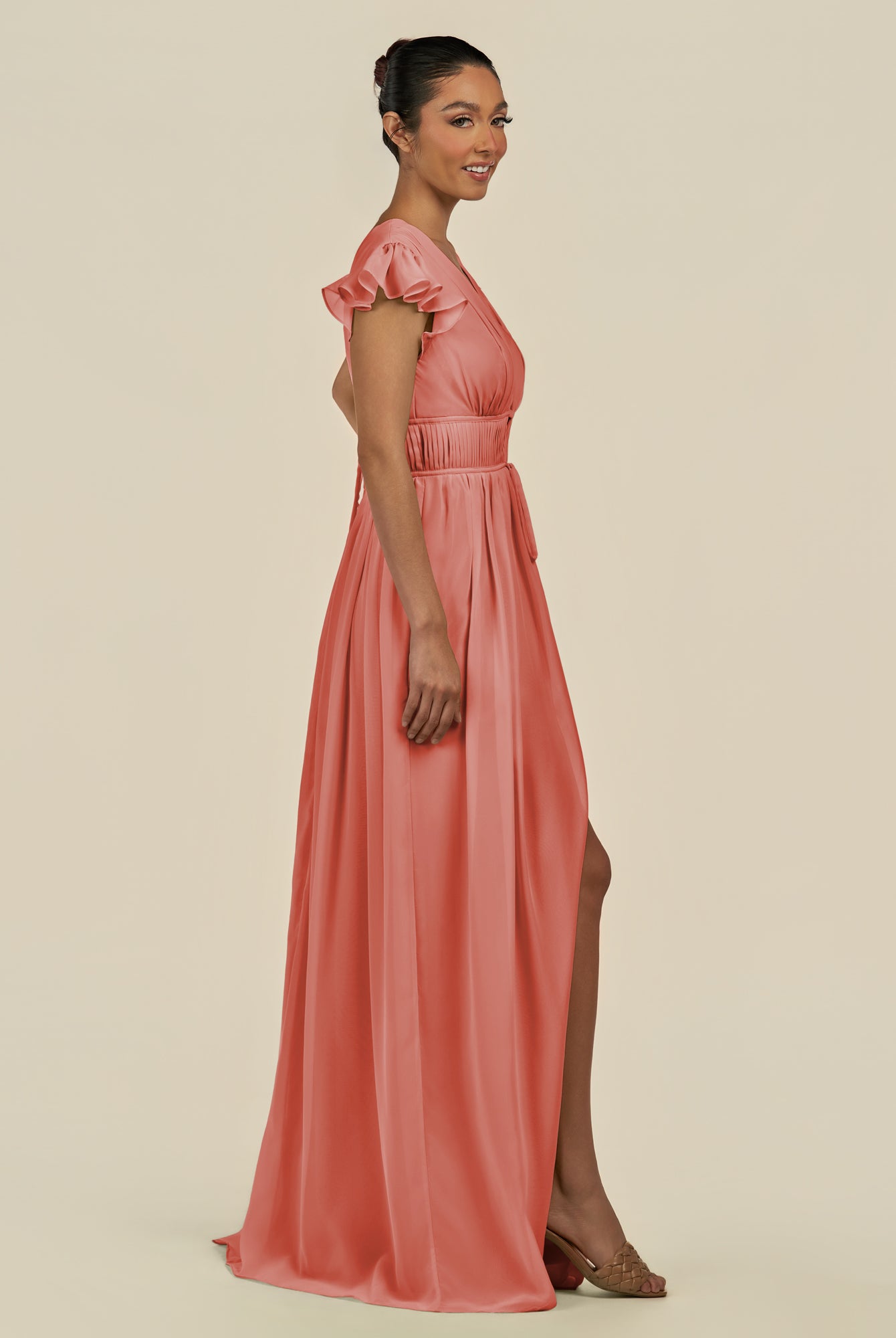 KissDress-Fienna Wild Rose A Line Chiffon Deep V Neck Long Bridesmaid Dress with Flutter Sleeves