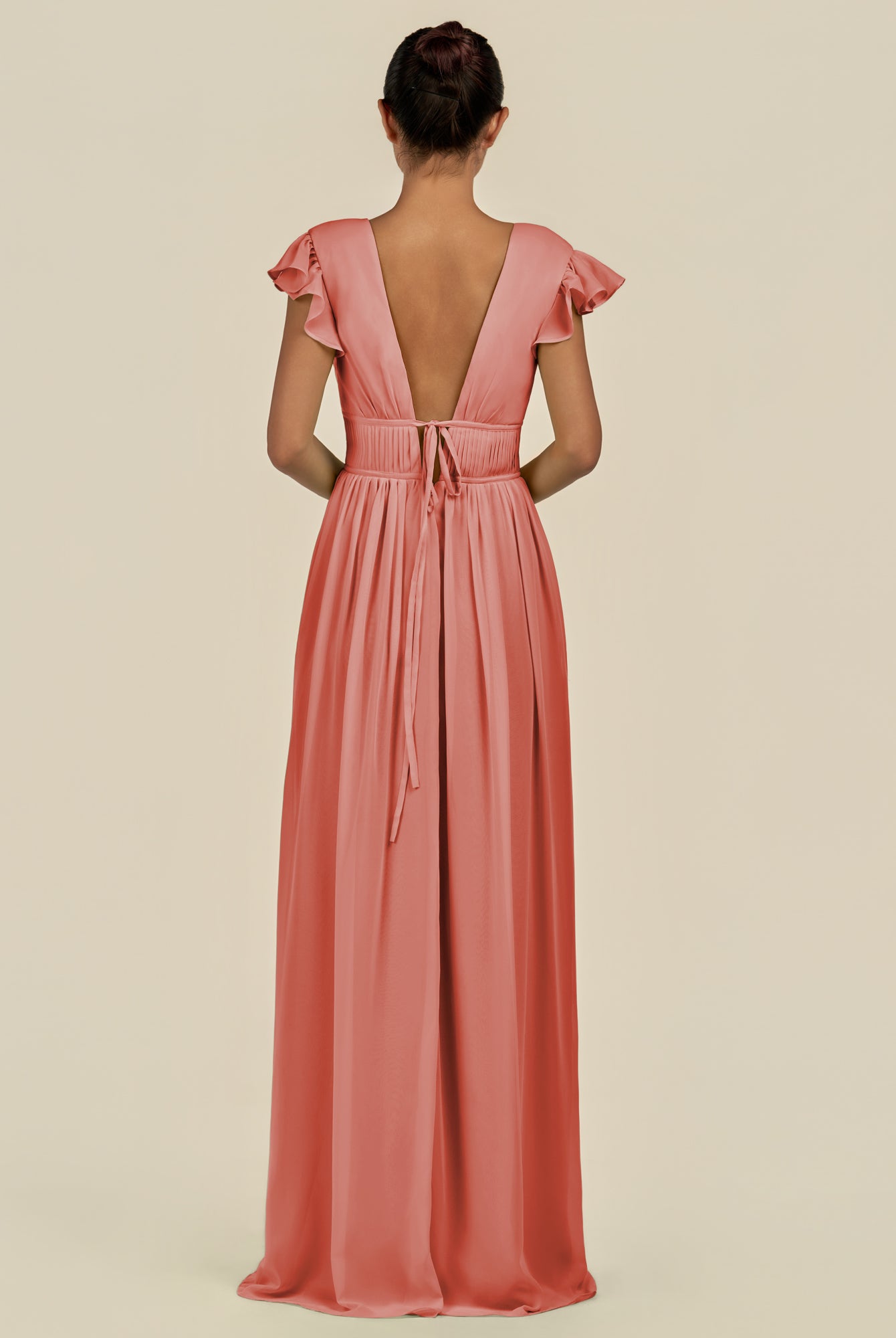 KissDress-Fienna Wild Rose A Line Chiffon Deep V Neck Long Bridesmaid Dress with Flutter Sleeves